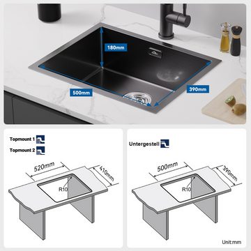 Auralum Küchenspüle 55x44cm Spülbecken Edelstahlspüle Einbauspüle + Küchenarmatur, Schwarz