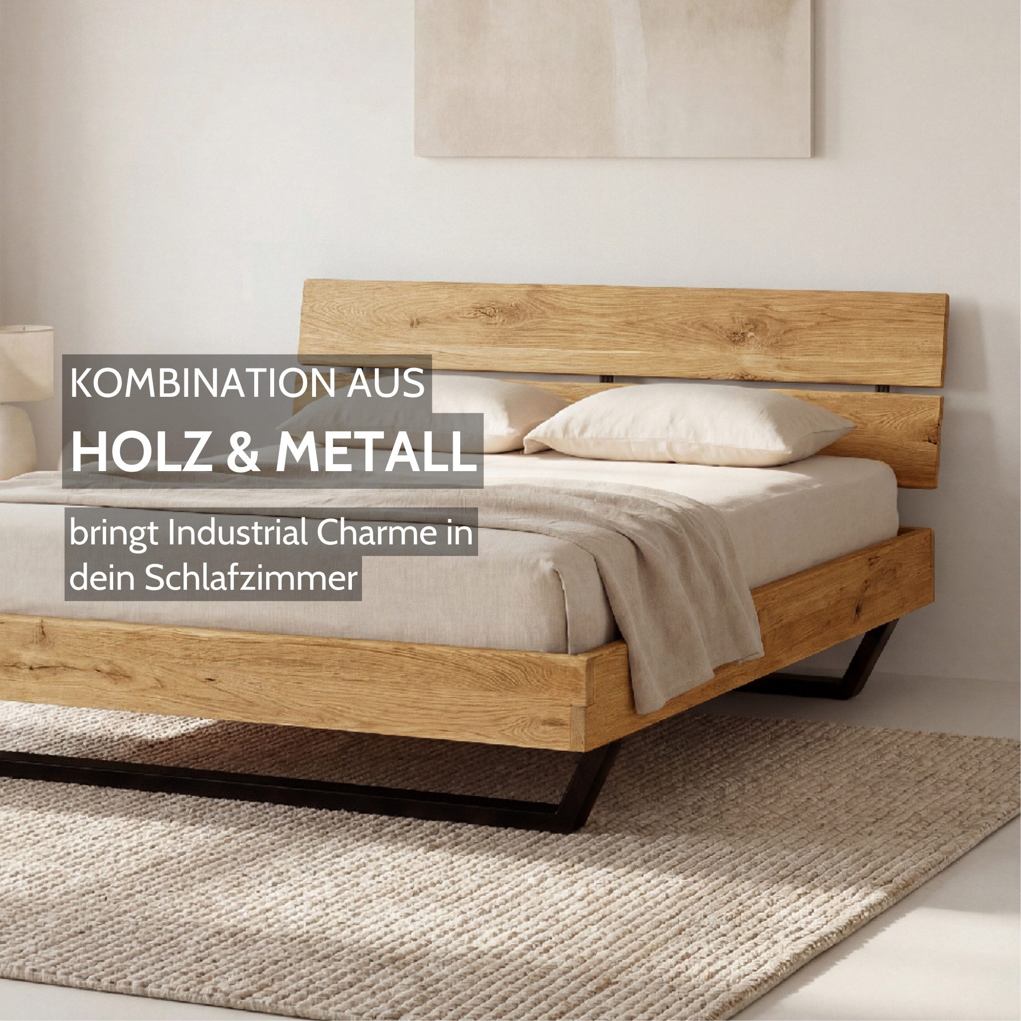 Liadomo Bettgestell Bologna, Bett, Doppelbett, Massive Eiche oder Akazie (Liegefläche 140 x 200; 160 x 200; 180 x 200 cm), Holzkopfteil, Industrial-Look, mit Metallkufen schwarz