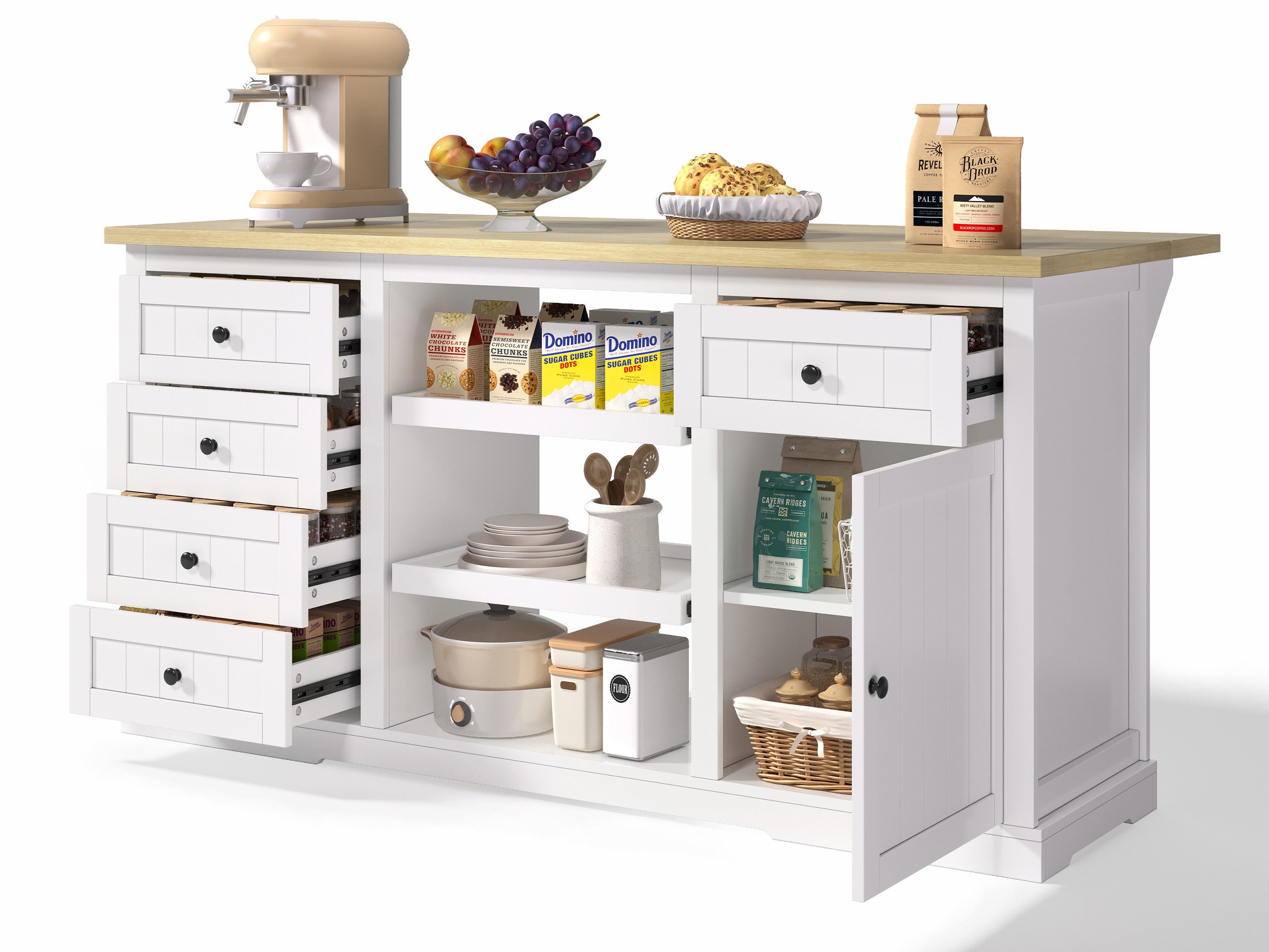 SeedWave Anrichte Vielseitiges Sideboard mit Ladefunktion, 150cm Klappbare Tischplatte, Кухні Schrank mit 2 Ausziehbare Tablette, 1,5m Stromkabel