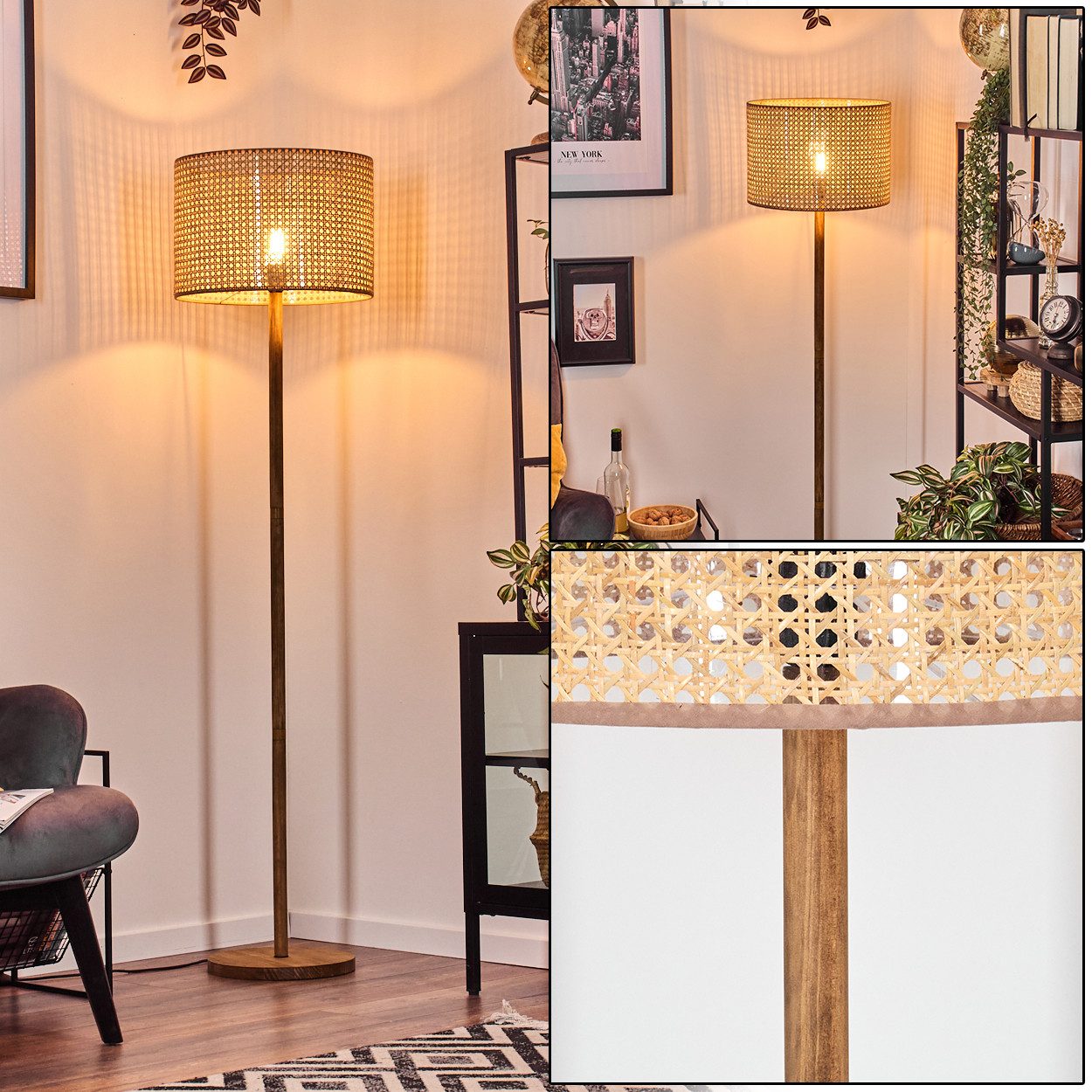 hofstein Stehlampe moderne Stehlampe aus Holz/Rattan/Wienergeflecht in Naturfarben, ohne Leuchtmittel