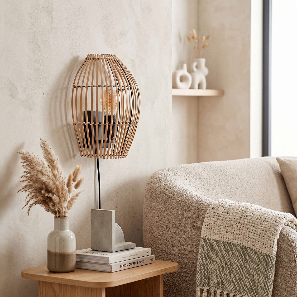 hofstein Wandleuchte Wandlampe aus Metall/Bambbus in Schwarz/Naturfarben, ohne Leuchtmittel, Leuchte im Boho-Design mit Gitterschirm und Lichteffekt, E27