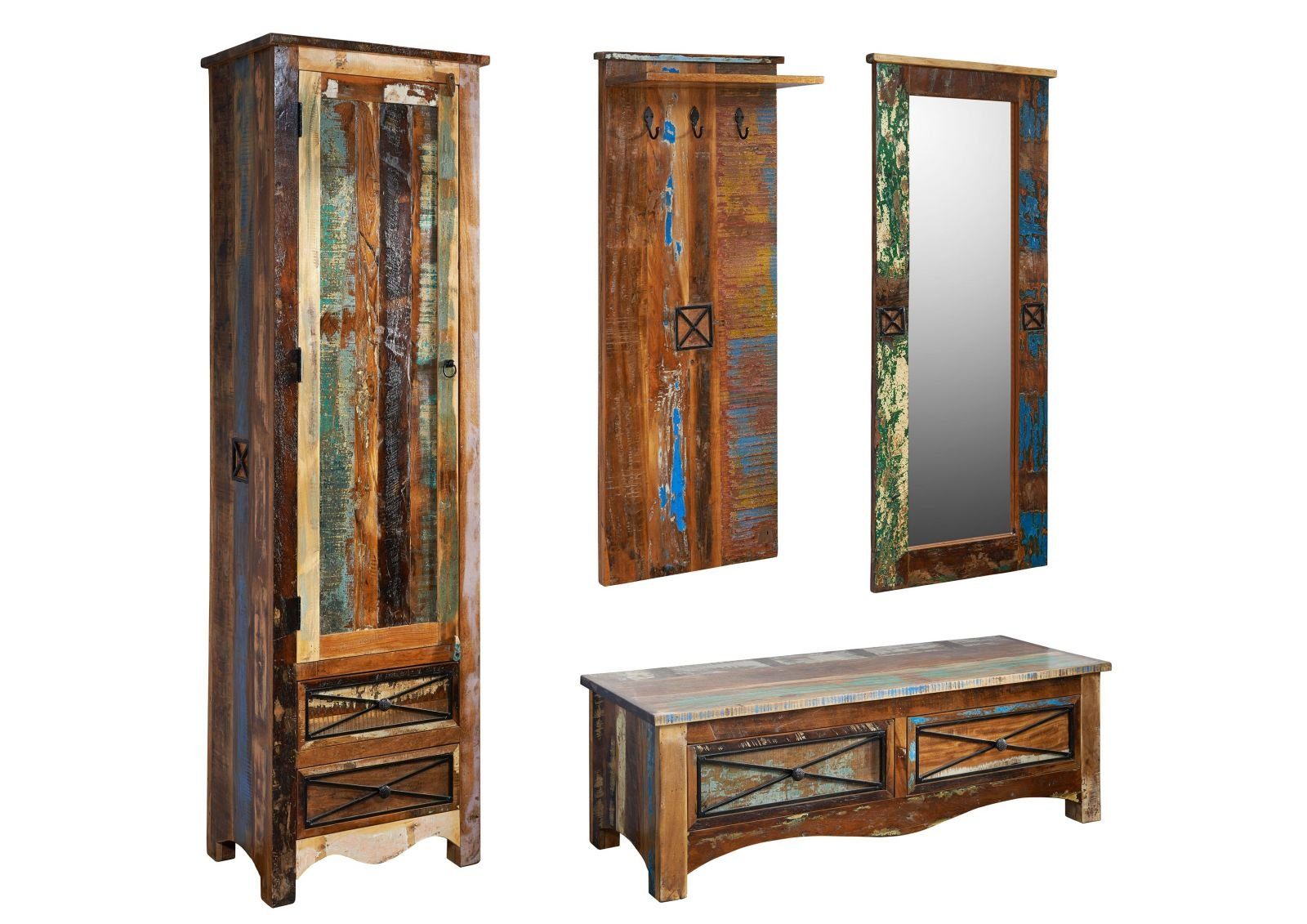 Massivmoebel24 Garderobe NATURE OF SPIRIT, komplett NATURE OF SPIRIT #9002 Vintage mehrfarbig Indisches Altholz