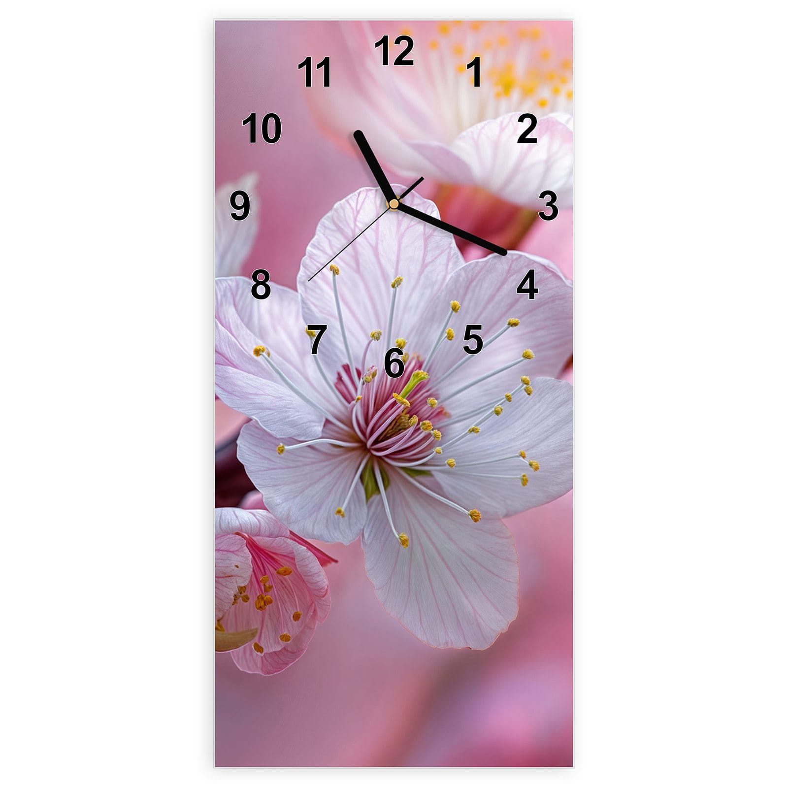Wanduhr Glasuhr Wandkunst Größe 30 x 60 cm mit Motiv Kirschblüten