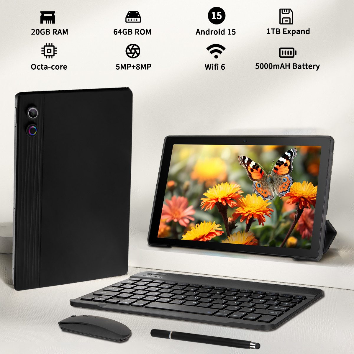 BUFO 10,1'' Android 15 5-Kern-Prozessor 64GB mit Tastatur Stift Maus Hülle Tablet (10", 64 GB, Android, WiFI 6, HD IPS, 20(3+17)GB RAM, mit Tastatur/Stift/Maus/Hülle/Kopfhörer)