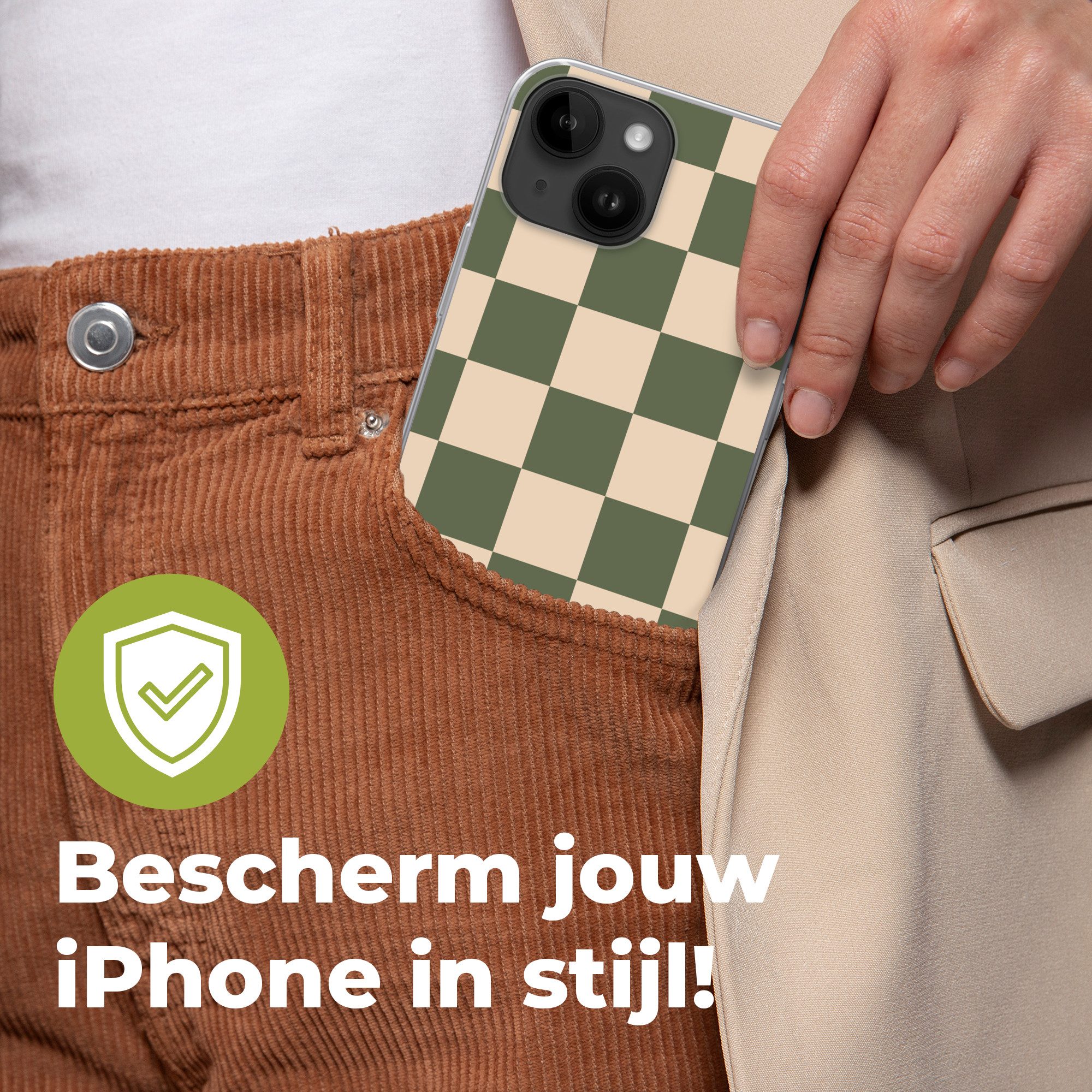 MuchoWow Handyhülle für Apple iPhone 14 Schachbrettmuster - Grün - Beige - Blöcke, Smartphone-Bumper, Print, Handy Schutzhülle Dünn