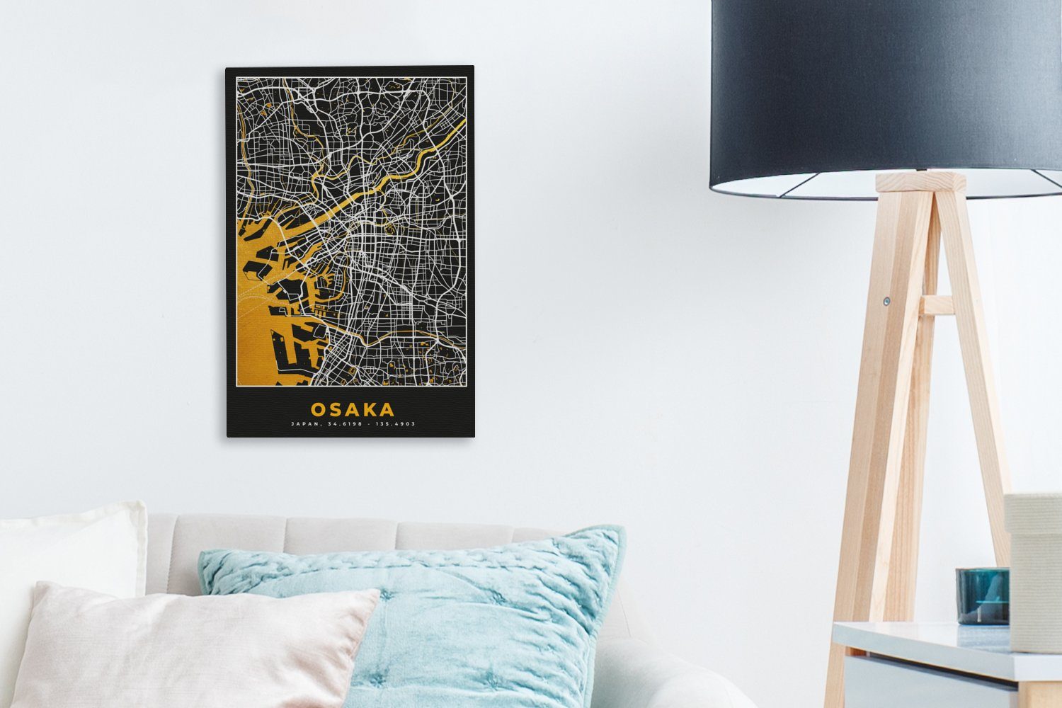 Gemälde, bespannt - Karte Gold, Leinwandbild Zackenaufhänger, cm Stadtplan St), inkl. Osaka - OneMillionCanvasses® 20x30 (1 Leinwandbild - fertig