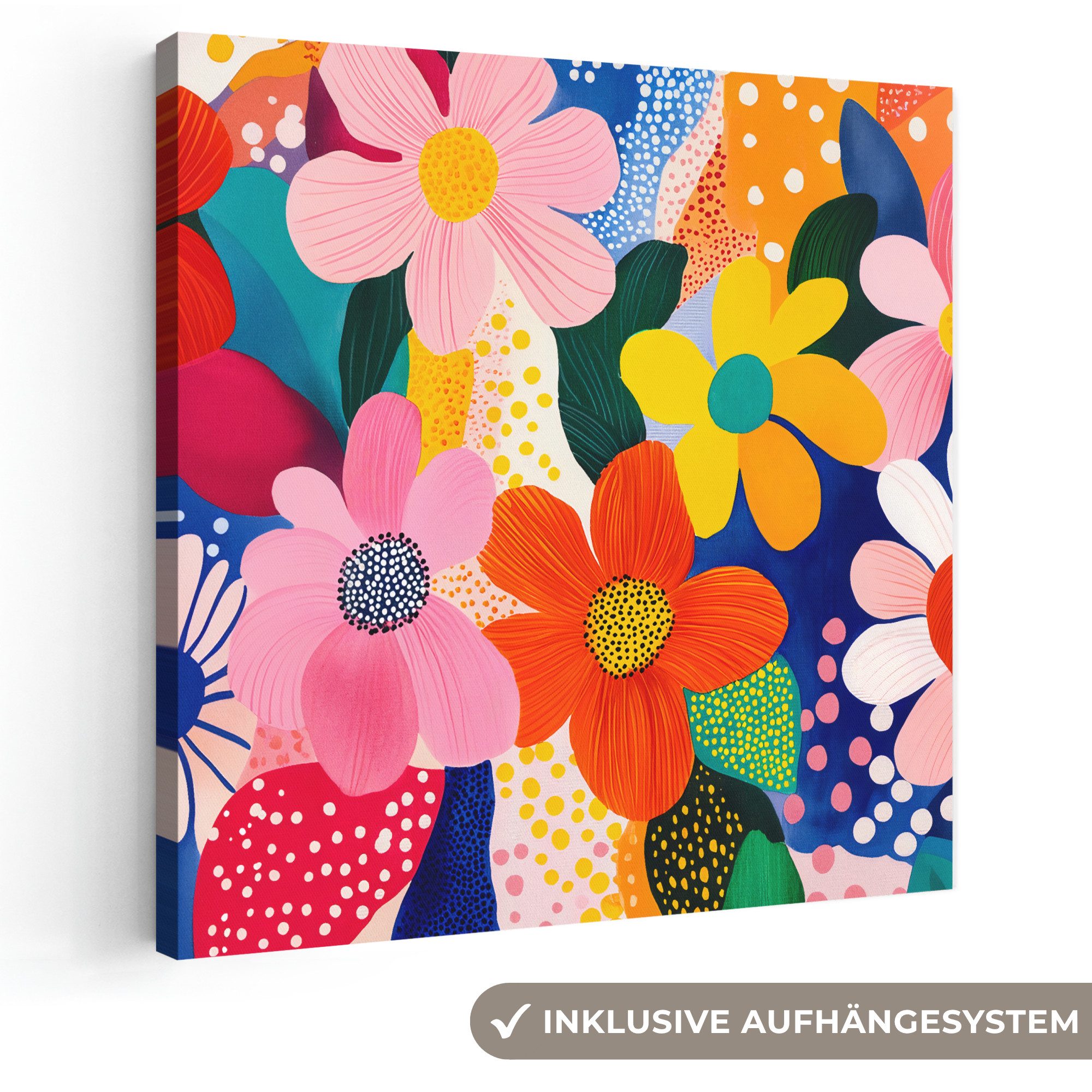 OneMillionCanvasses® Leinwandbild Blumen - Bunt - Tupfen, Fotodruck (1 St), Wandbild, Deko Schlafzimmer Wohnzimmer Flur 20x20 cm