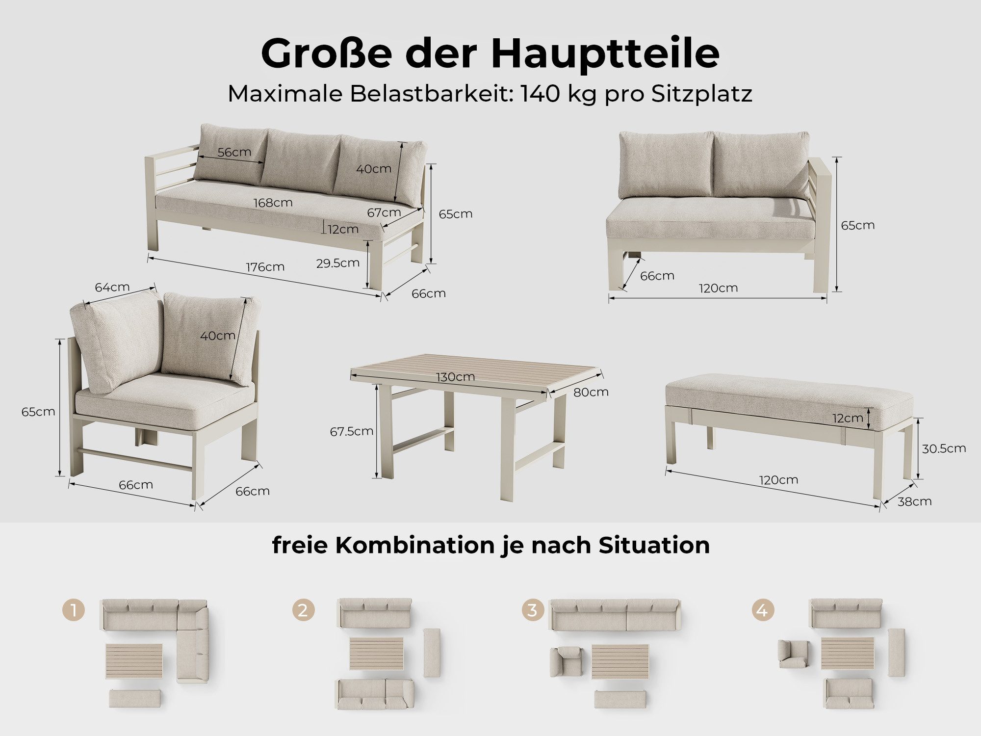 MeXo Gartenlounge-Set XXL Gartenmöbel Set Aluminium für 6-8 Personen, (Dining Loungeset Outdoor, 5-tlg., mit 12 cm dicken Sitzkissen, pflegeleichte Polywood-Tischplatte), wetterfeste Ecklounge mit Esstisch