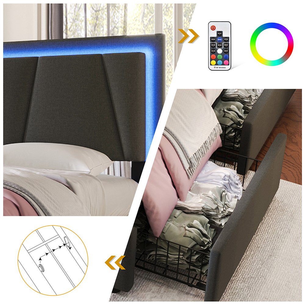 Polsterbett (Stauraumbett, mit Matratze), Doppelbett 160x200cm mit LED-Beleuchtung und 4 Schubladen
