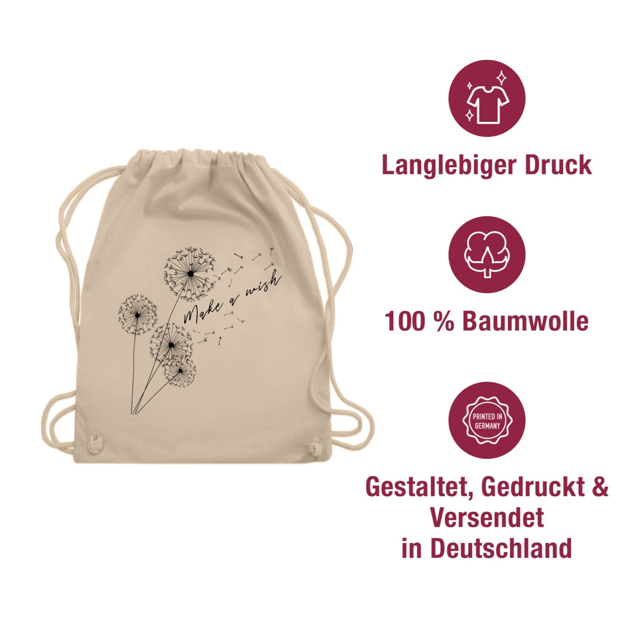 Shirtracer Turnbeutel Pusteblume Make a wish Schwarz, Sprüche Statement