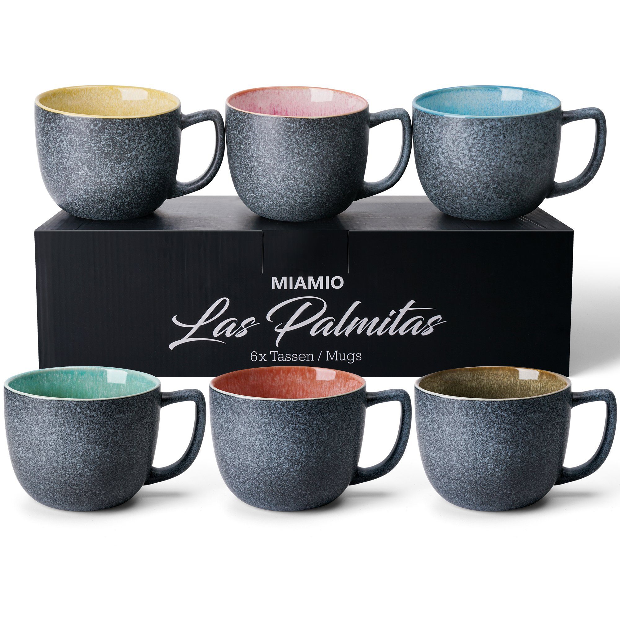 MiaMio Becher Las Palmitas groß, 470 ml, außen dunkelgrau innen bunt, 6-tlg., Keramik, 470 ml, außen dunkelgrau und innen farbig