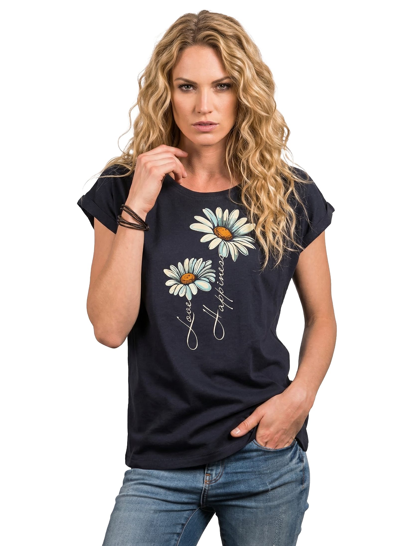 MAKAYA Print-Shirt Damen Kurzarm Top Blumen Gänseblümchen floral Blumenmuster Blümchenprint