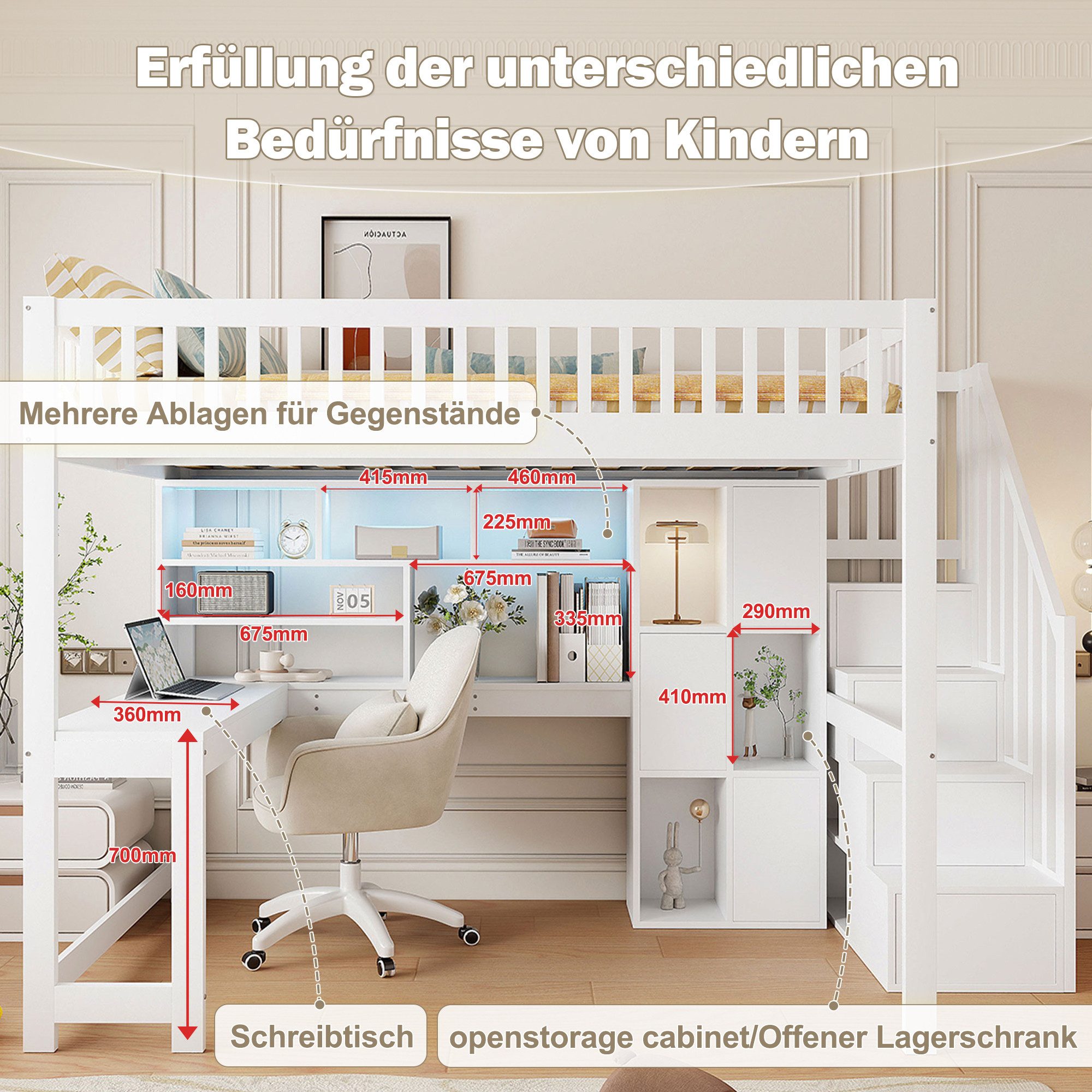 Merax Hochbett 140x200cm mit LED-Beleuchtung (1-St., Jugendbett Einzelbett Stockbett aus Kiefernholz/MDF) Kinderbett mit Stauraumtreppe, Regalen, Ablagefächern  – Bild 5 von 5
