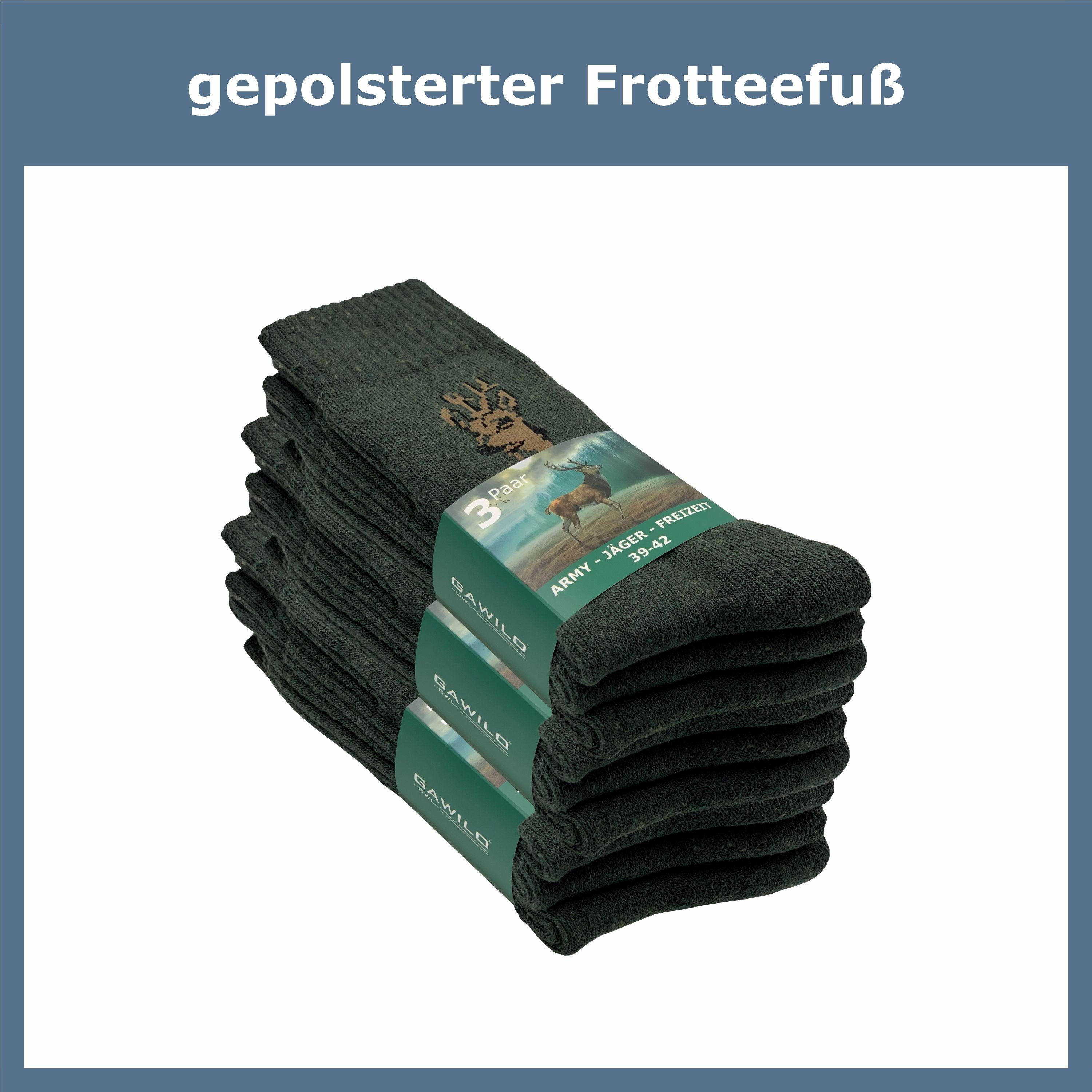 GAWILO Freizeitsocken für gepolsterter uni für Herren & warme Jäger Socken mit - verfügbar mit grau grün, in Jagdmotiv grün (9 Hirsch Paar) & - Armysocken mit Frotteesohle, schwarz