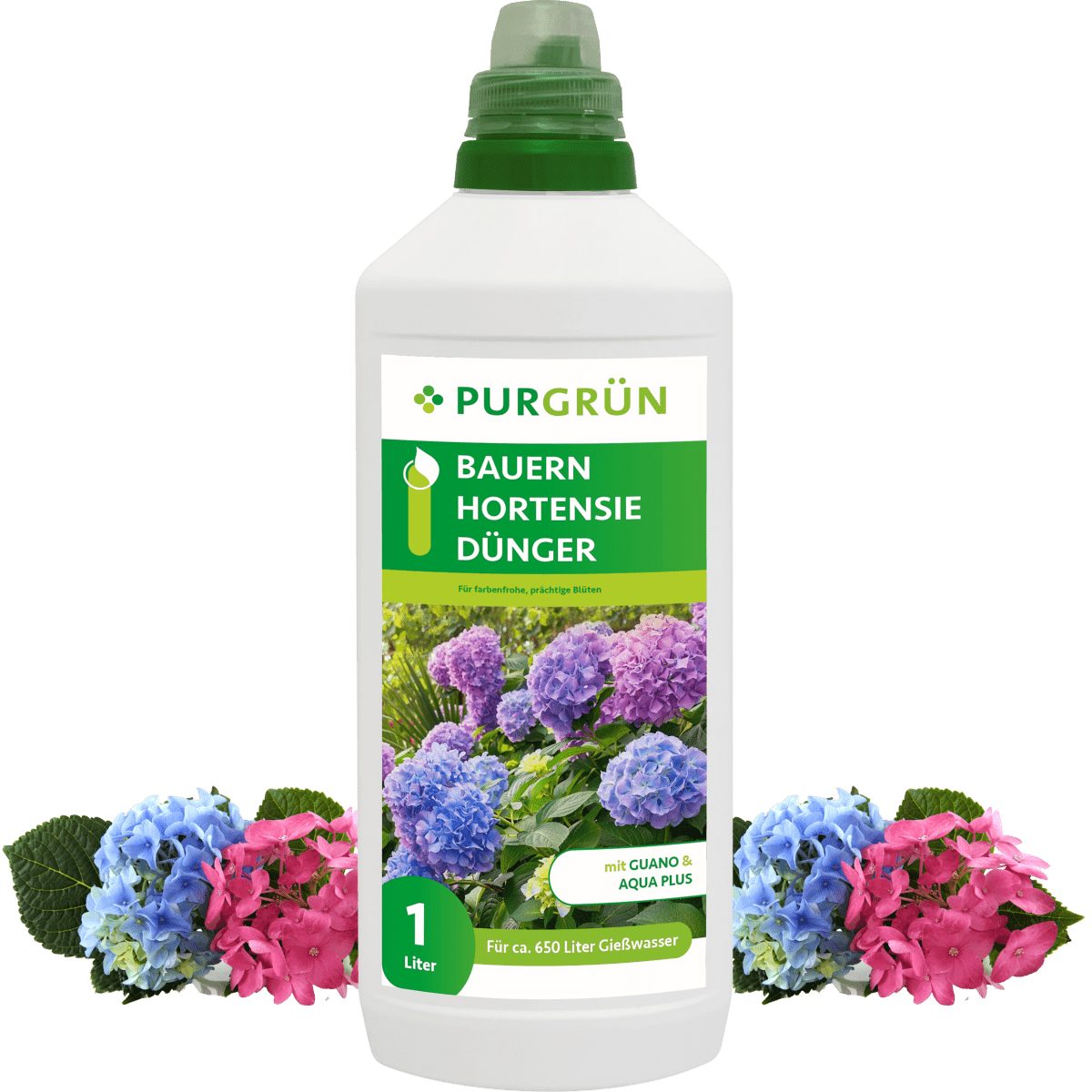 Blumendünger Purgrün Bauernhortensie Dünger, NPK 8+8+6, Guano, Aqua Plus, 1 Liter