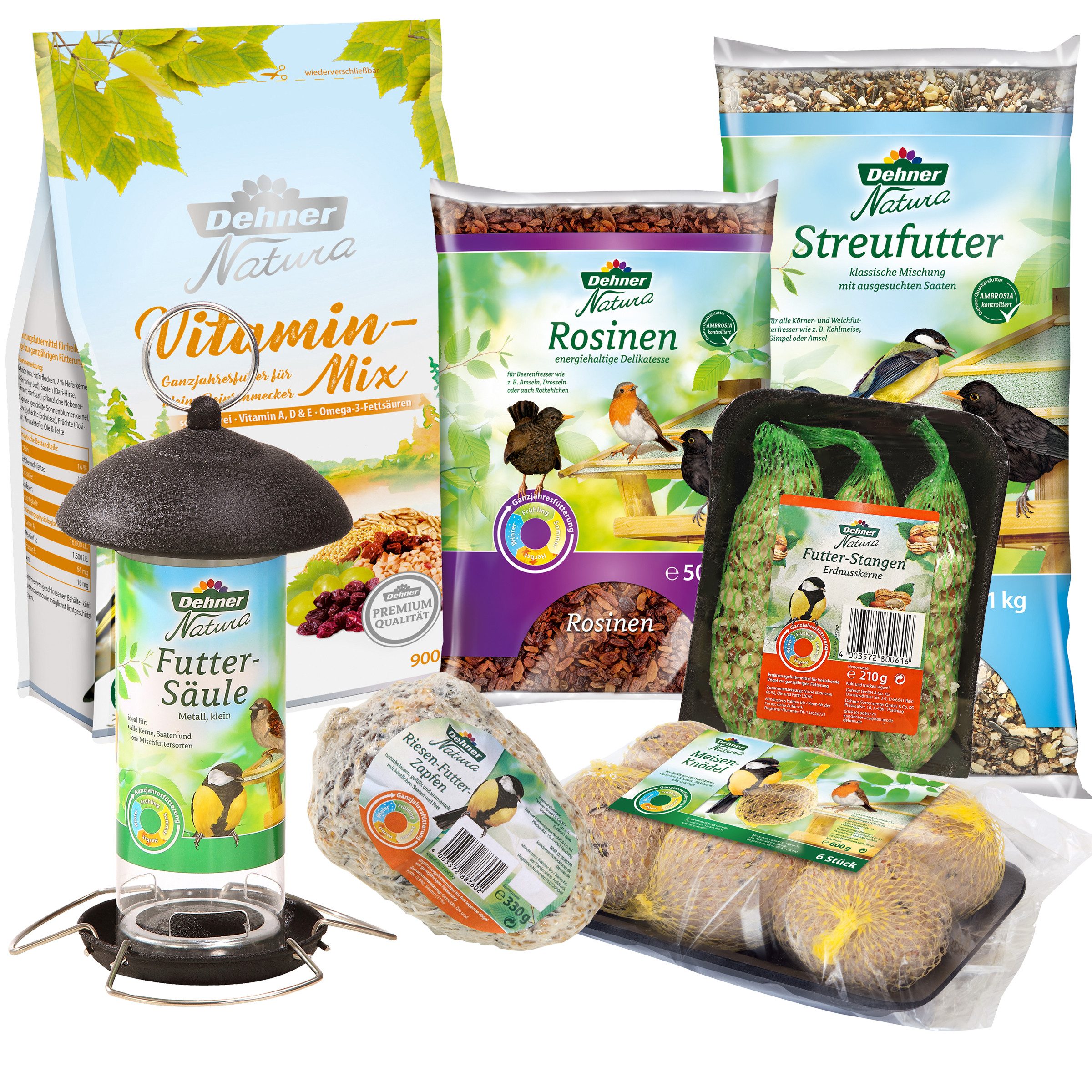 Dehner Natura Premium Wildvogelfutter Starterset, 7-teiliges Set Erdnuss, 4000g, energiereich, hochwertiges Vogelfutter