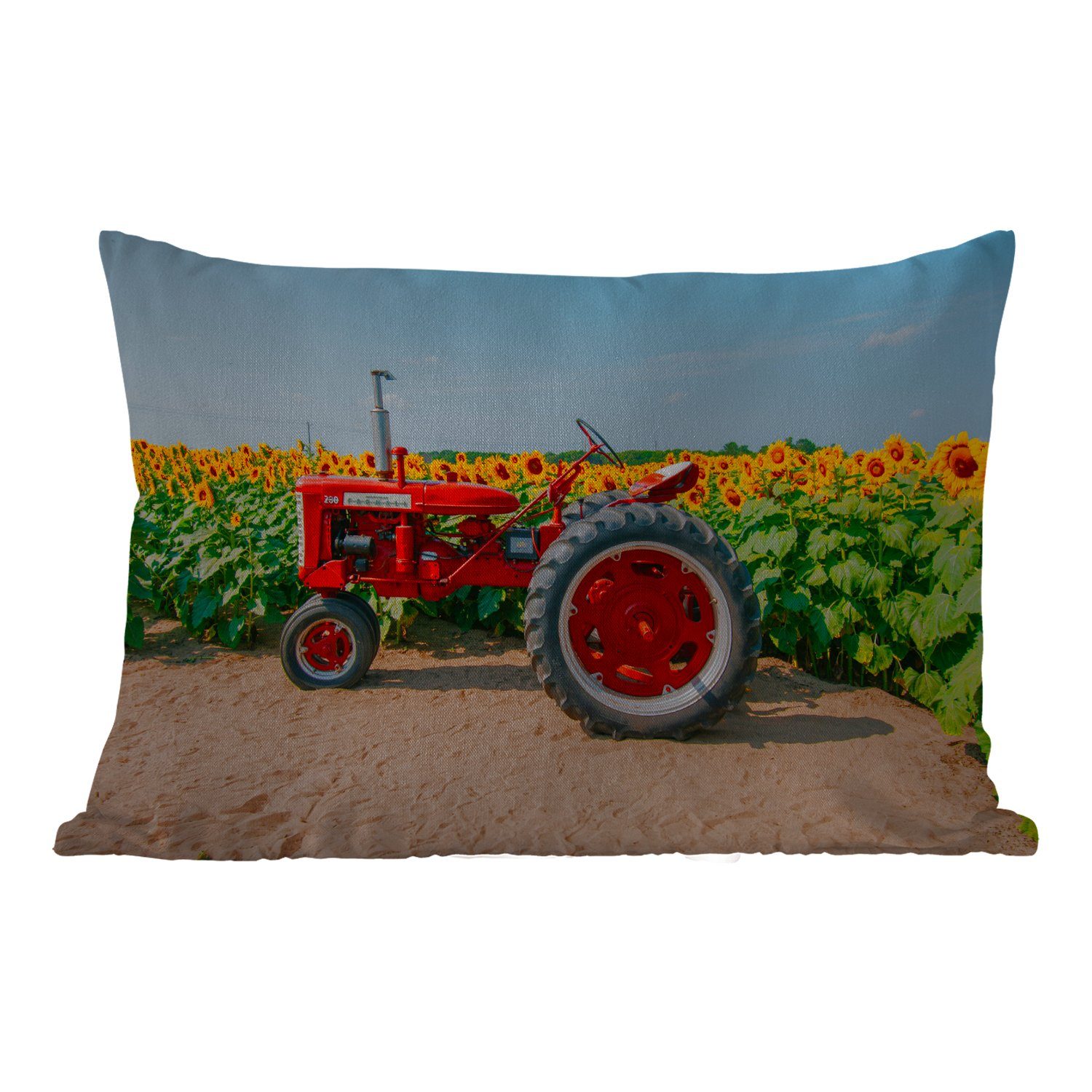 Bauernhof Outdoor-Dekorationskissen, - Dekokissen MuchoWow - - - Kissenhülle Dekokissenbezug, Rot Polyester, Blumen, Sonnenblume Traktor