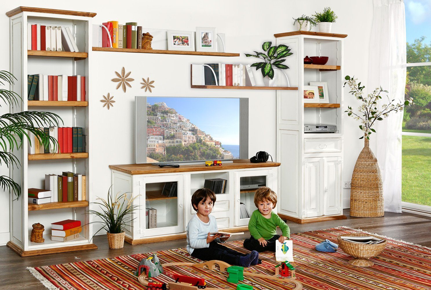 1a Direktimport Bücherregal Regal Bücherschrank Mexico - Pinie Massivholz weiß natur - Landhaus