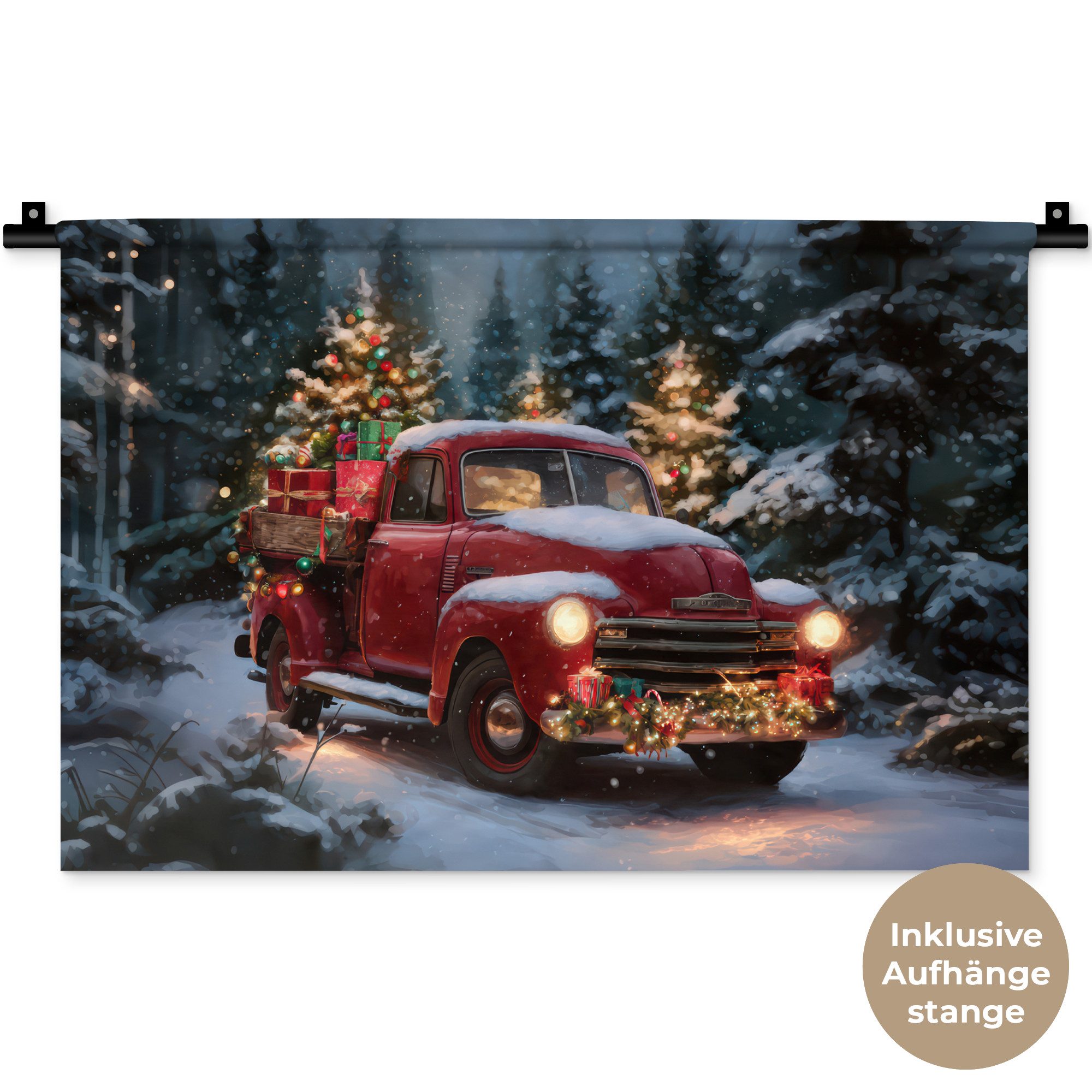 MuchoWow Wandteppich Weihnachts-LKW - Schneewald - Rot, Rechteckig, Höhe: 3 mm, Wandteppich für Wohnzimmer, Schlafzimmer, 60x40 cm