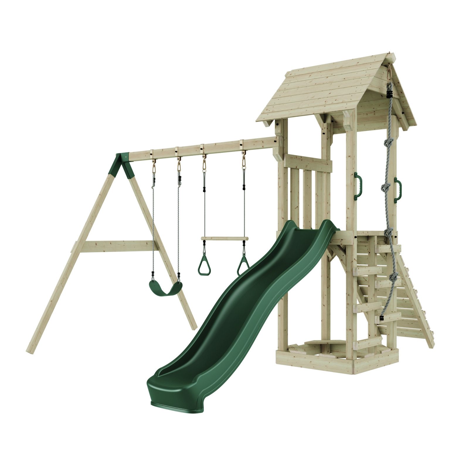 OutdoorToys Spielturm Vimmerby, aus Holz in Smaragdgrün mit Trapezstange & Rutsche