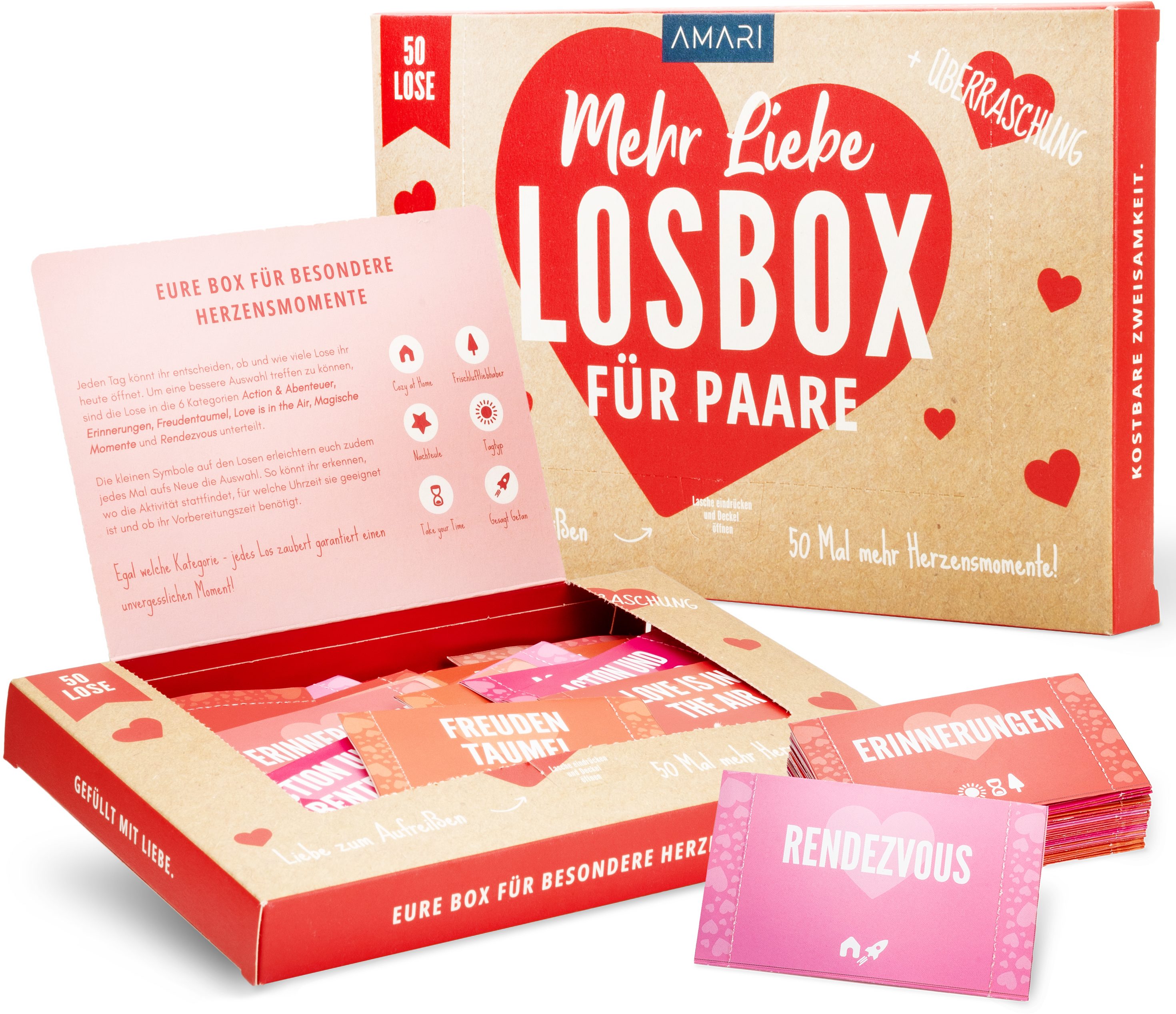 Amari Spiel Losbox für Paare, 50 Lose mit Ideen für Zeit zu zweit, Geschenk, Losbox für Paare, Jahrestag, Valentinstag, Hochzeitstag, Weihnachten, 6 Kategorien