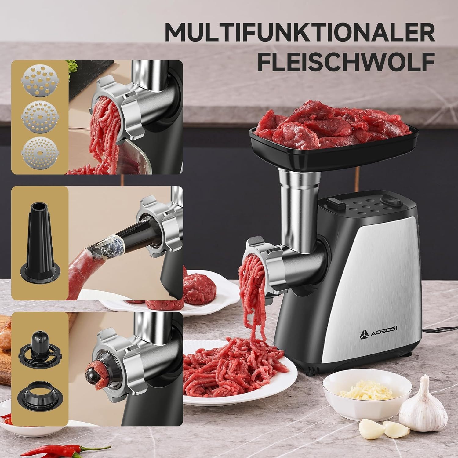 Aobosi Fleischwolf FW-1 3in1 Edelstahl Wurstfüller Kubbe Rückwärtsfunktion, 300 W, 1,5 kg/min, Überlastungsschutz, spülmaschinengeeignete Teile