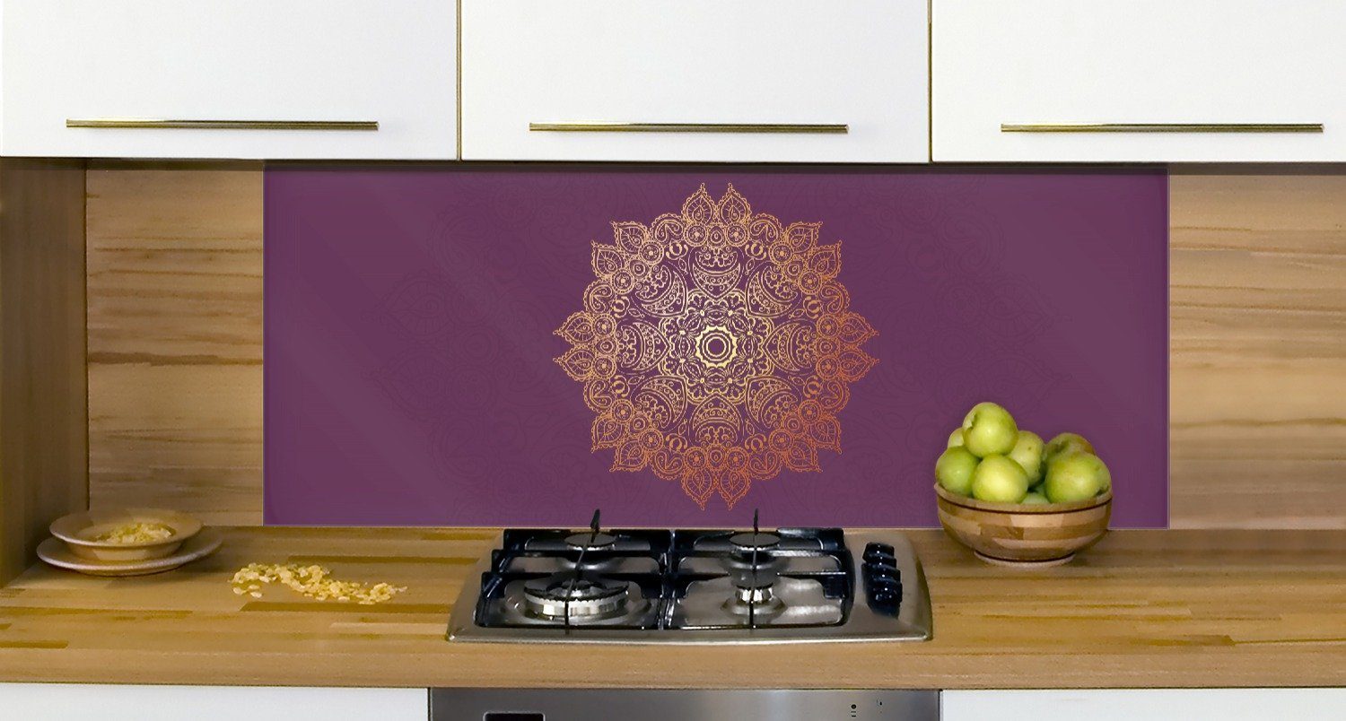 violettem Mandala Küchenrückwand auf (1-tlg) goldenes Hintergrund, Wallario