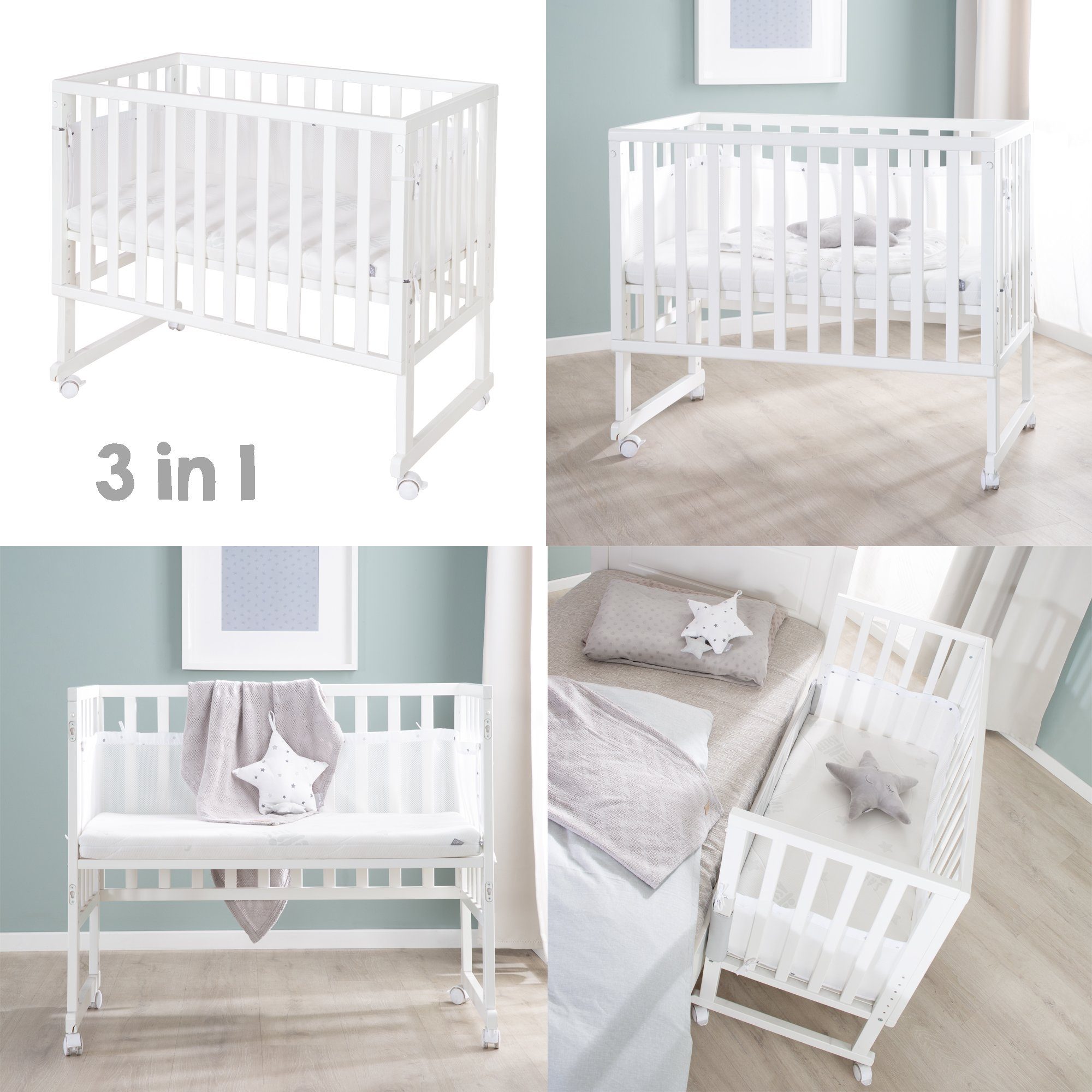 roba® Beistellbett Sternenzauber - Stubenwagen - atmungsaktiv - für sicheren Schlaf, Stubenbett höhenverstellbar inkl. Matratze, Canvas Barriere & Nestchen – Bild 5 von 5