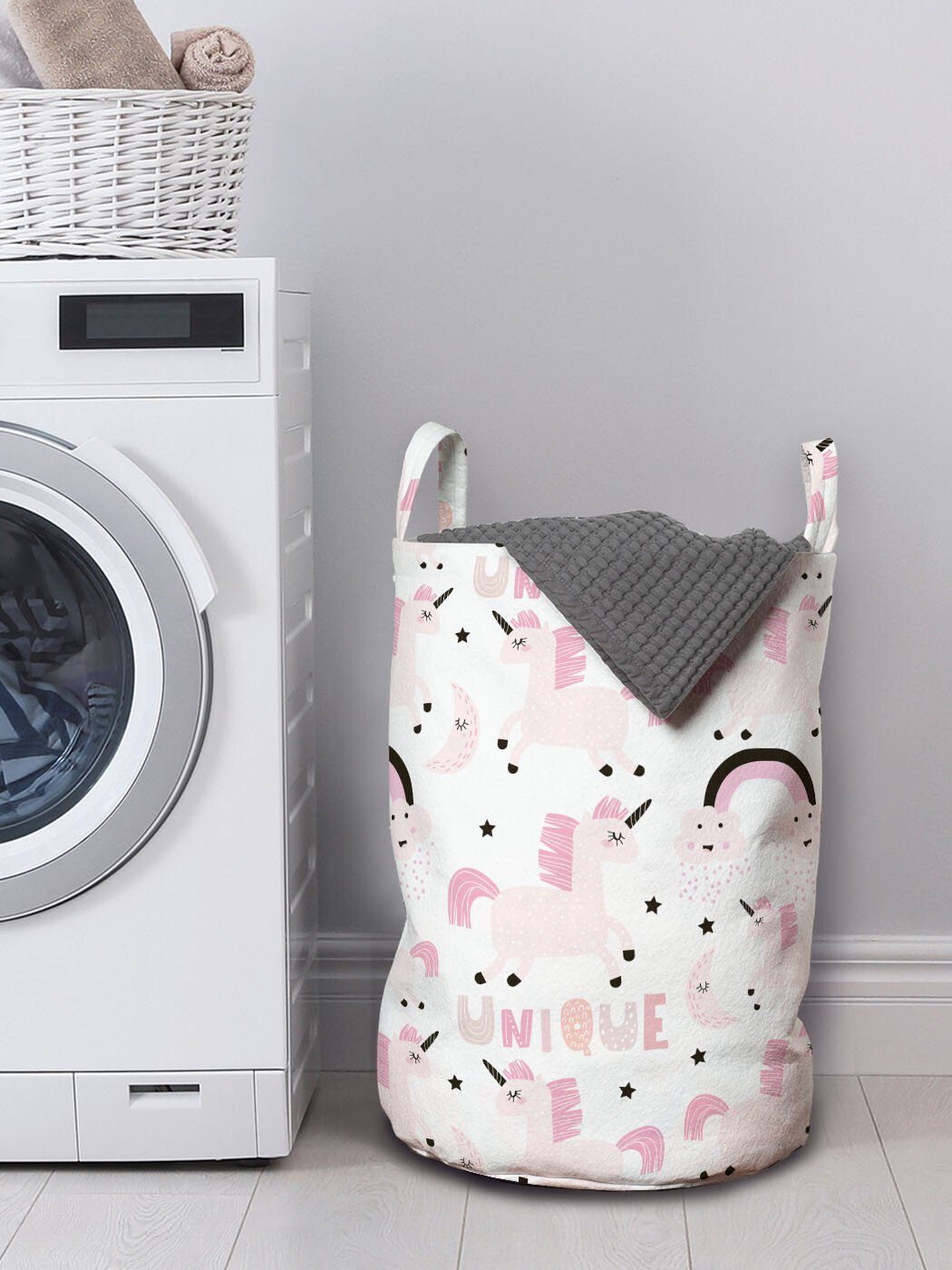 Griffen für Wäschekorb Unicorn-Party Fairy Abakuhaus Elements Kordelzugverschluss Waschsalons, Pink mit Wäschesäckchen