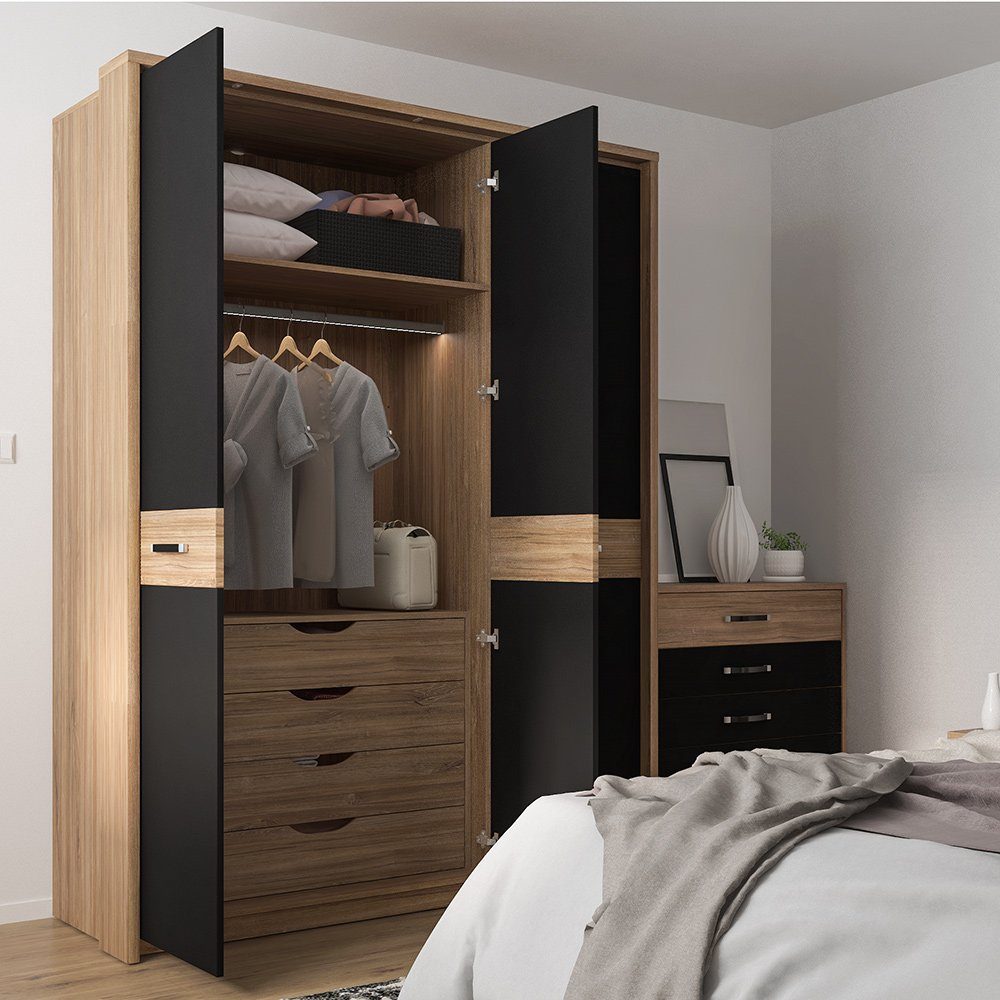 Lomadox Schlafzimmer-Set MANAGUA-129, (Spar-Set, 3-tlg), Schrank Set, Eiche mit schwarz matt