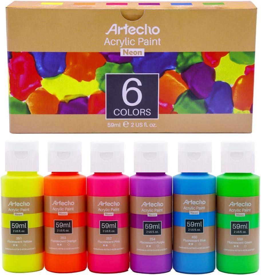 Artecho Acrylfarbe 6 x wasserfesten Neon Farben, je 59 ml Flaschen mit Klappverschluss, für Papier, Ton, Holz, Steine – zum Reisen, Malen & Freude verschenken