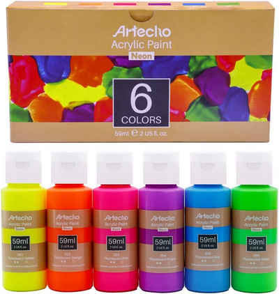Artecho Acrylfarbe 6 x wasserfesten Neon Farben, je 59 ml Flaschen mit Klappverschluss, für Papier, Ton, Holz, Steine – zum Reisen, Malen & Freude verschenken