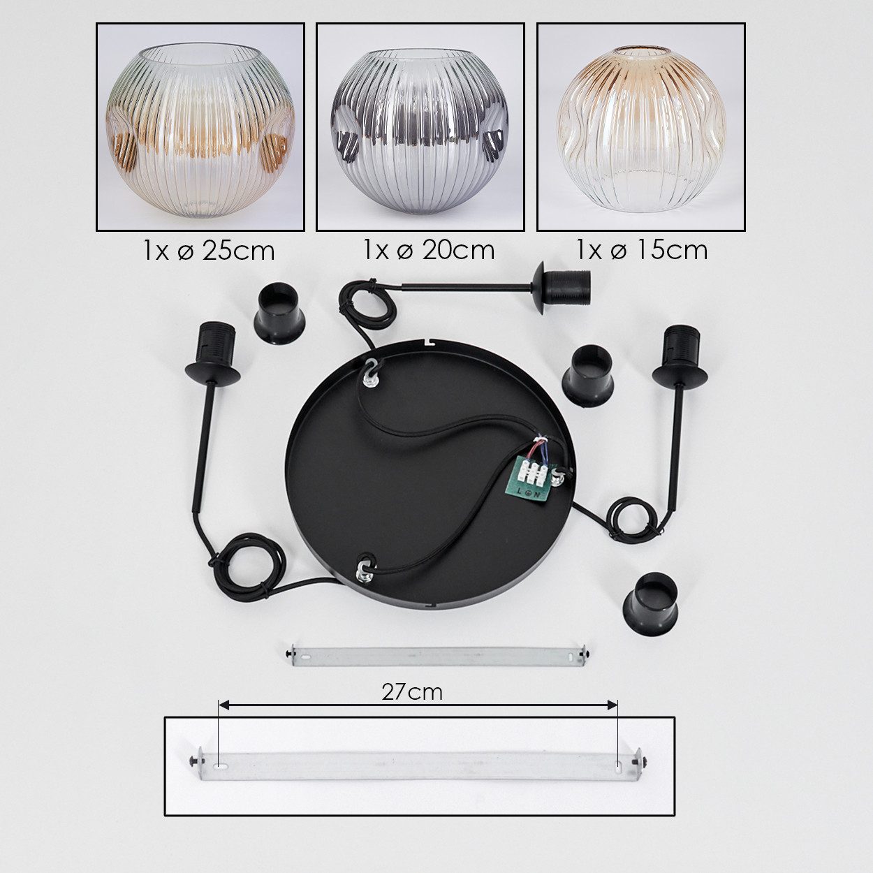 hofstein Hängeleuchte Hängelampe aus Metall/Riffelglas in Schwarz/Rauch/Bernstein/Klar, Hängeleuchte im modernen Retro/Vintage-Design (15; 20; 25 cm),3xE27