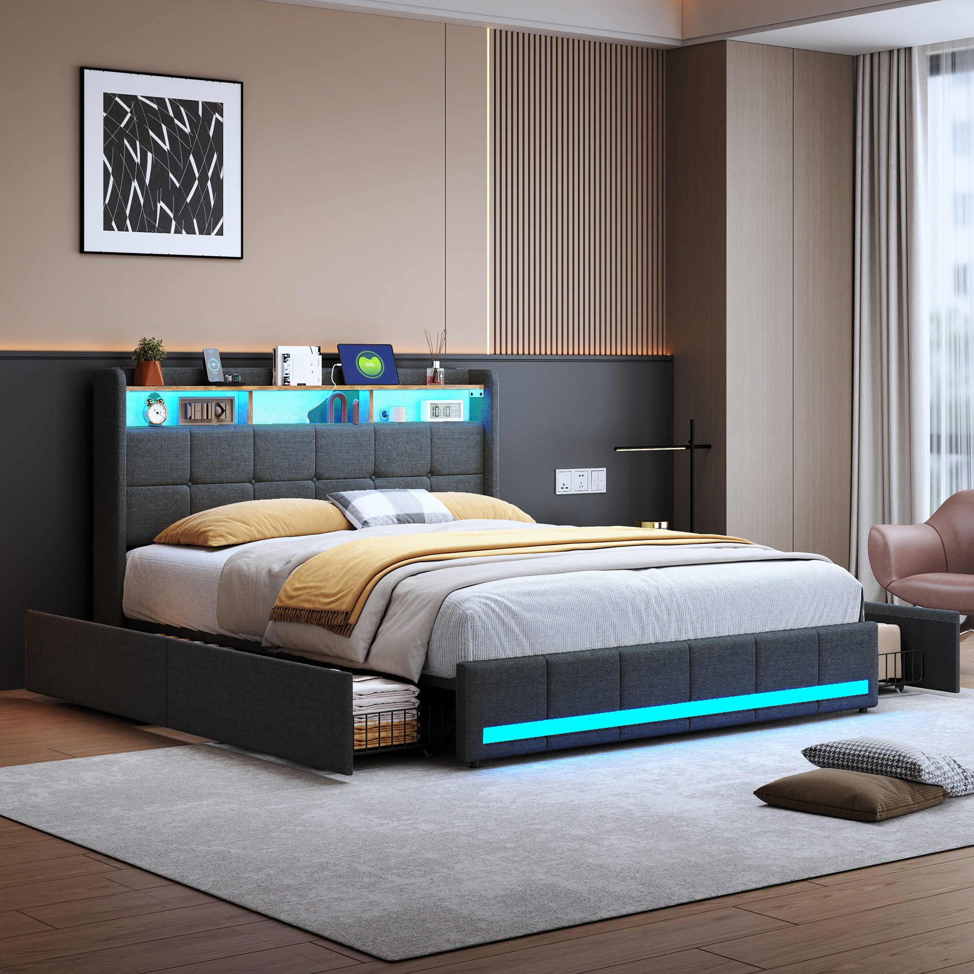PXloue Funktionsbett Polsterbett Doppelbett, mit USB-Laden und Stauraum am günstig online kaufen