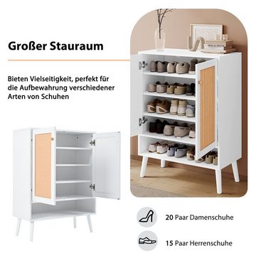 Ulife Schuhschrank aus natürlichem Rattan mit 2 Türen und 5 Regalboden Flur holz Griffe und Massivholzbeine, Maße: B76/H102/T40 cm