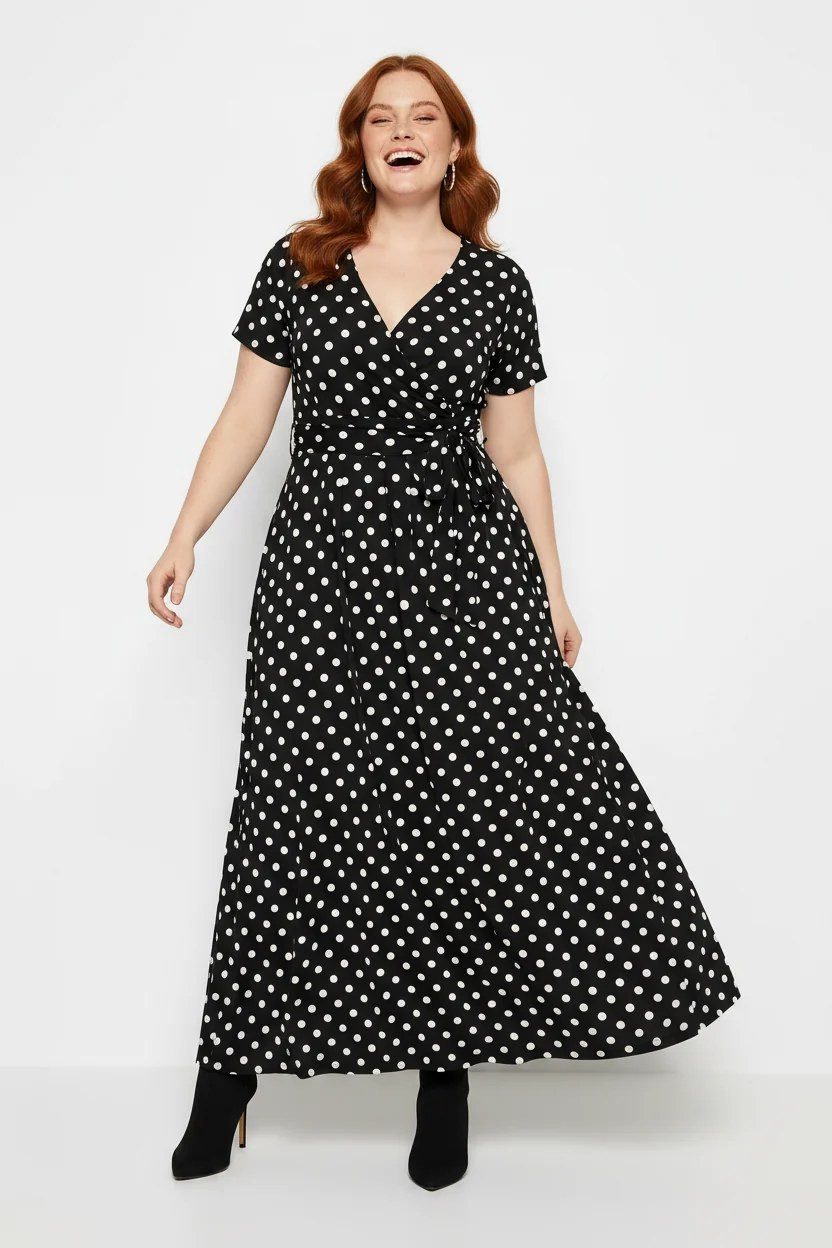 Shape of You Minikleid Langes Kleid mit Polka-Dots und Gürtel