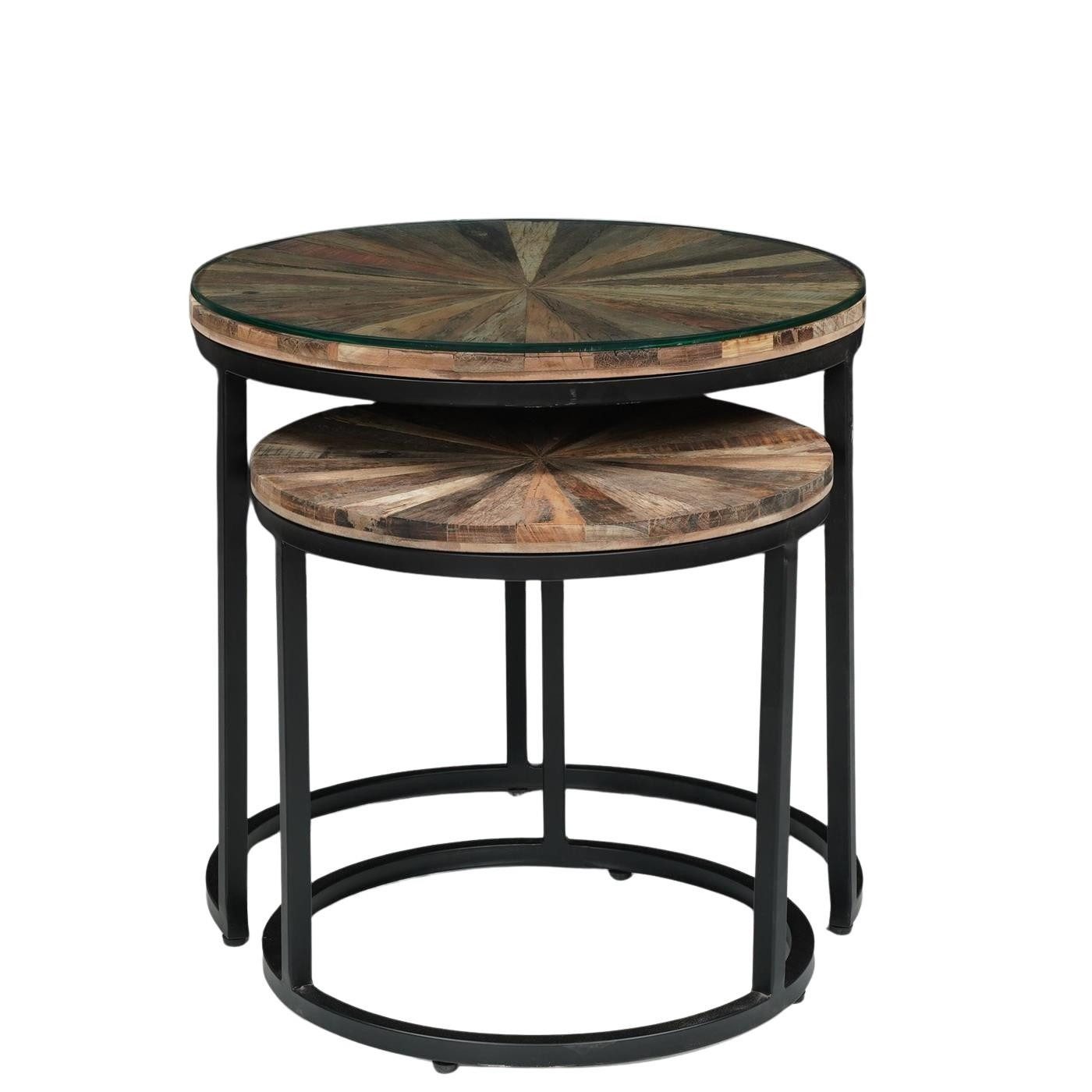 baario Couchtisch Couchtisch MERID mit Glasplatte, Altholz recycelt rund massiv Industrial