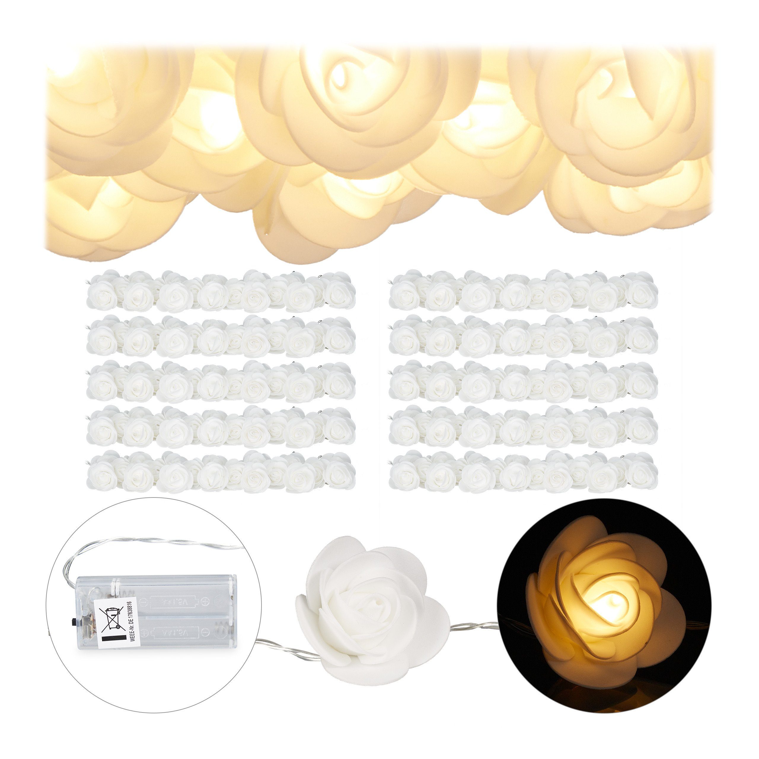 Relaxdays Rosen Lichterkette 10er Set – 20 LED, Warmweiß, Batteriebetrieben