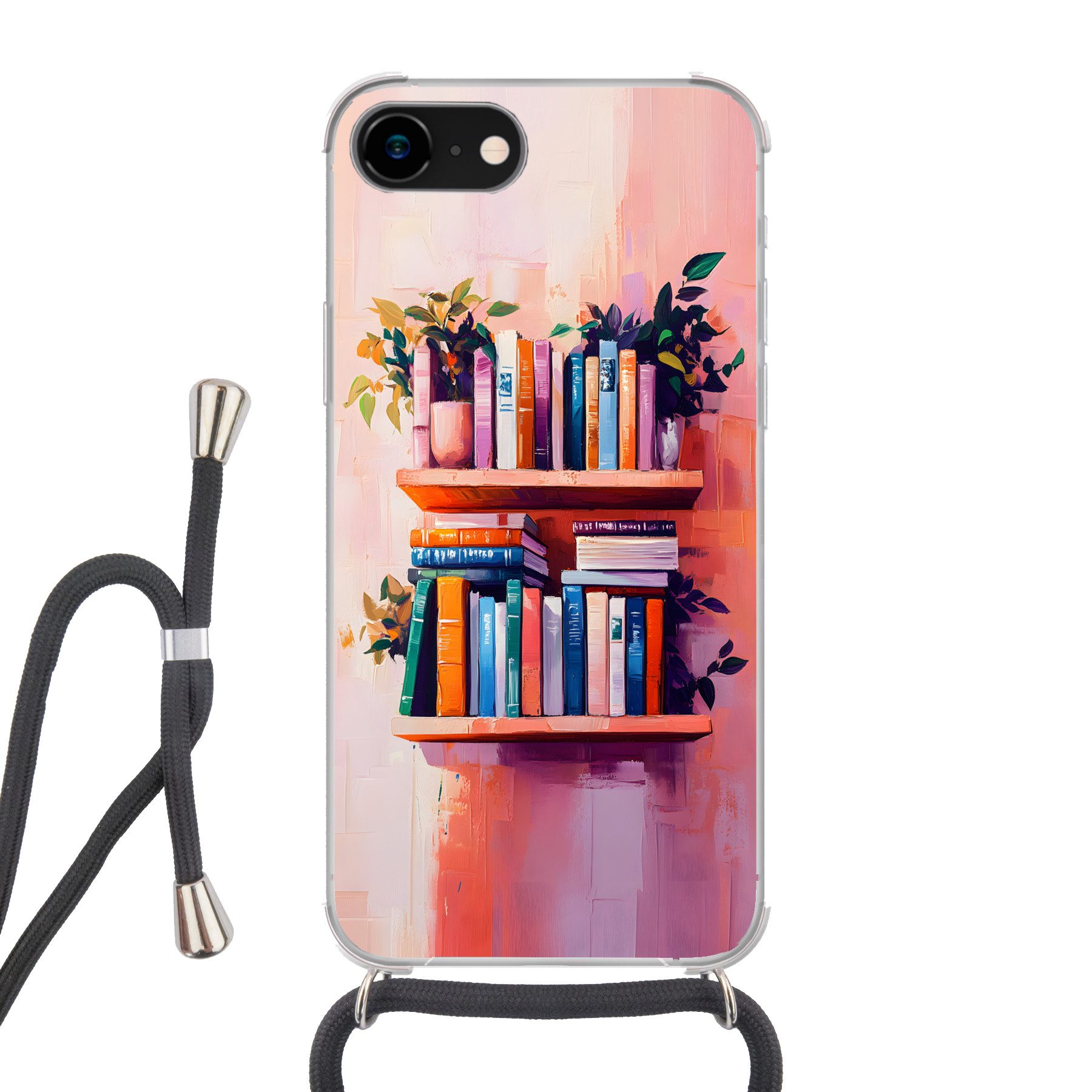 MuchoWow Handyhülle für Apple iPhone 8 Regale - Bücher - Blätter, Tragbare Handyhüllen mit Kette zum umhängen, Handykette Handyband