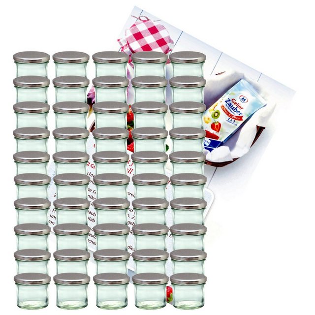 MamboCat Einmachglas 50er Set Sturzglas 125 ml Marmeladenglas Einmachglas Einweckglas To 66 silberner Deckel incl. Diamant-Zucker Gelierzauber Rezeptheft