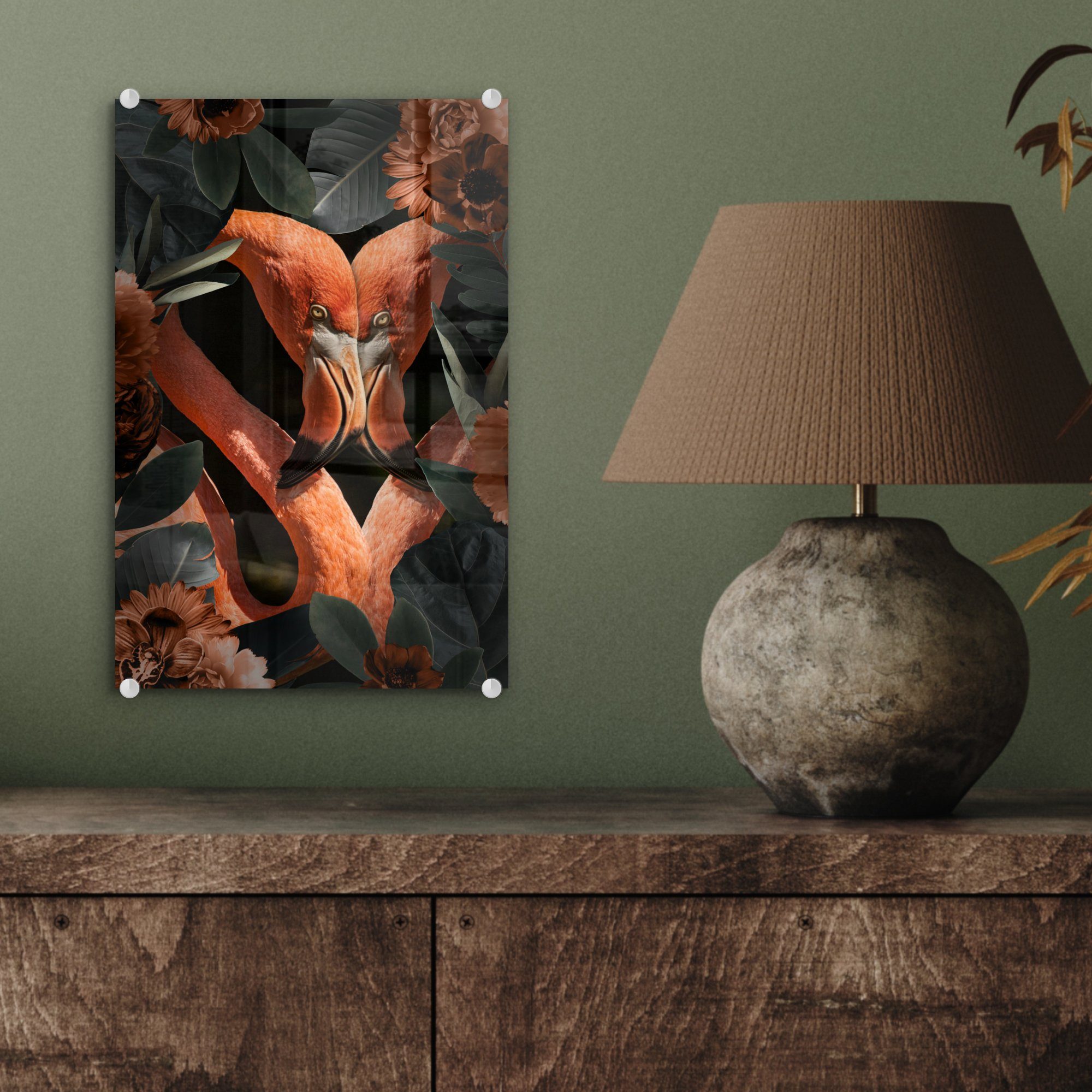 - Wandbild Bilder Acrylglasbild - Flamingo Blumen, Glas bunt St), Glasbilder - - Wanddekoration - (1 MuchoWow Foto Glas auf Blätter auf