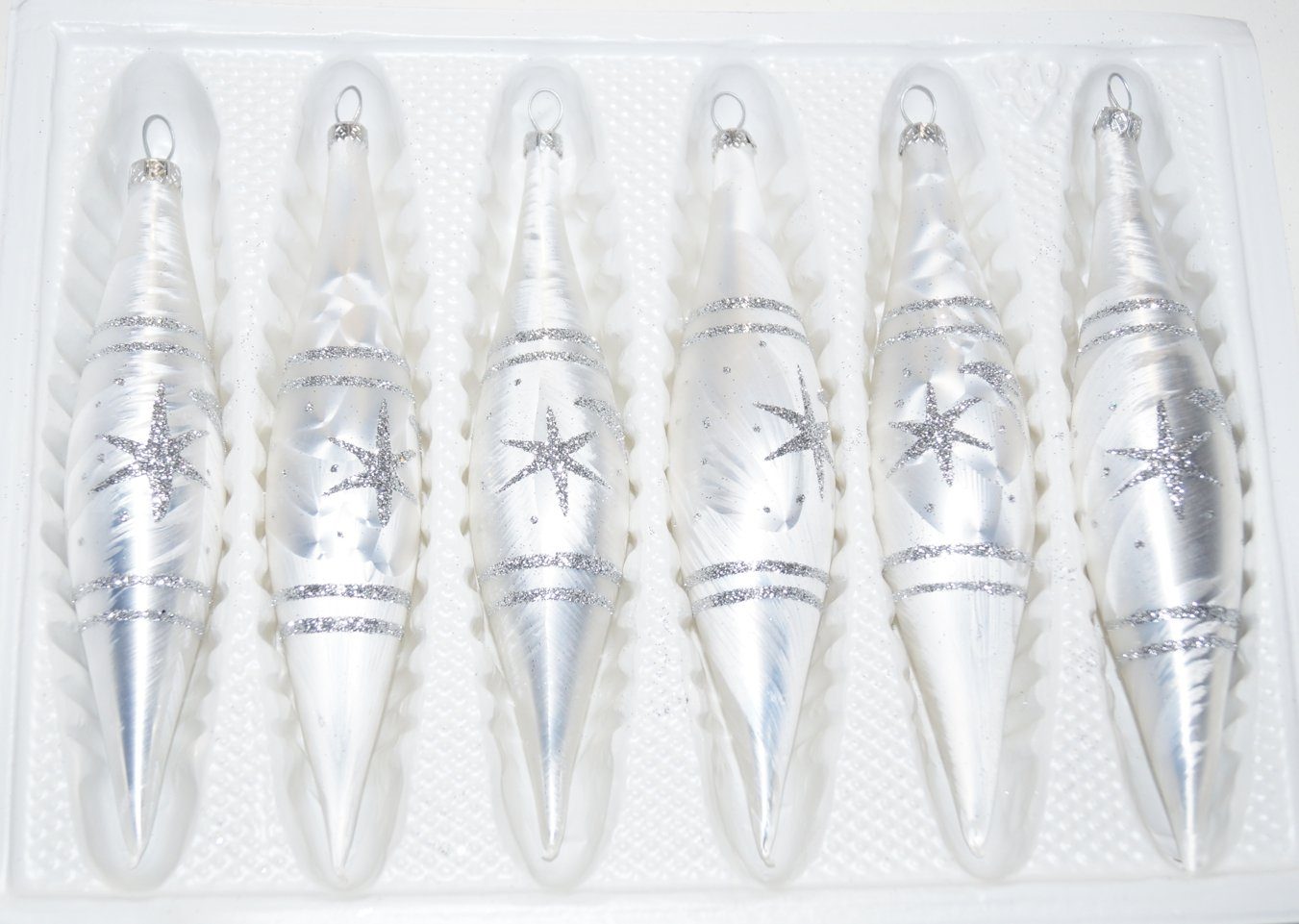 Christbaumschmuck 6 tlg. Glas-Zapfen Set in "Ice Weiss Silber" Komet