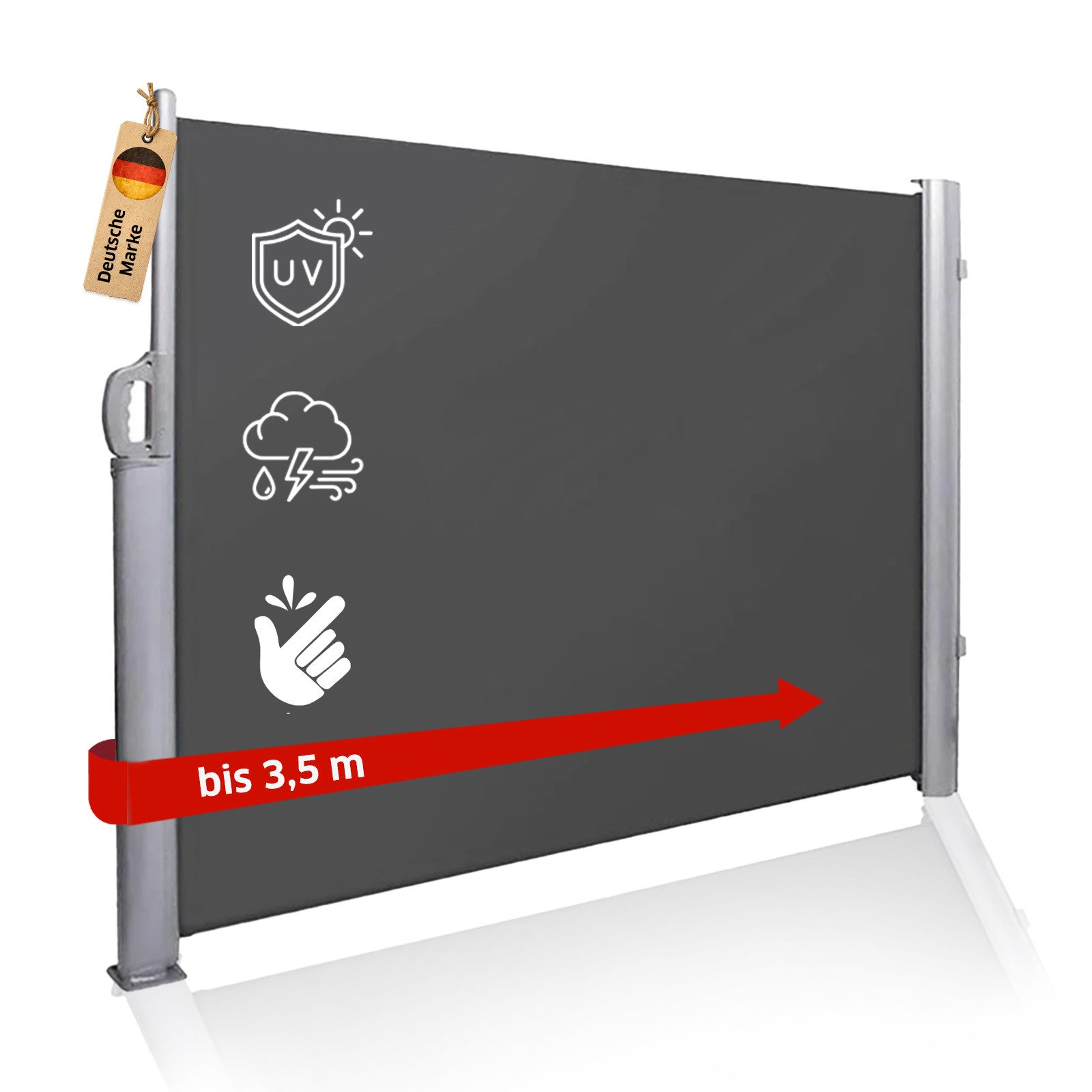 NOOR Seitenmarkise EXKLUSIV - ausziehbar - Sichschutz für Balkon, Terrasse & Garten UV-beständig, inklusive Montagematerial für Wand- und Bodenmontage