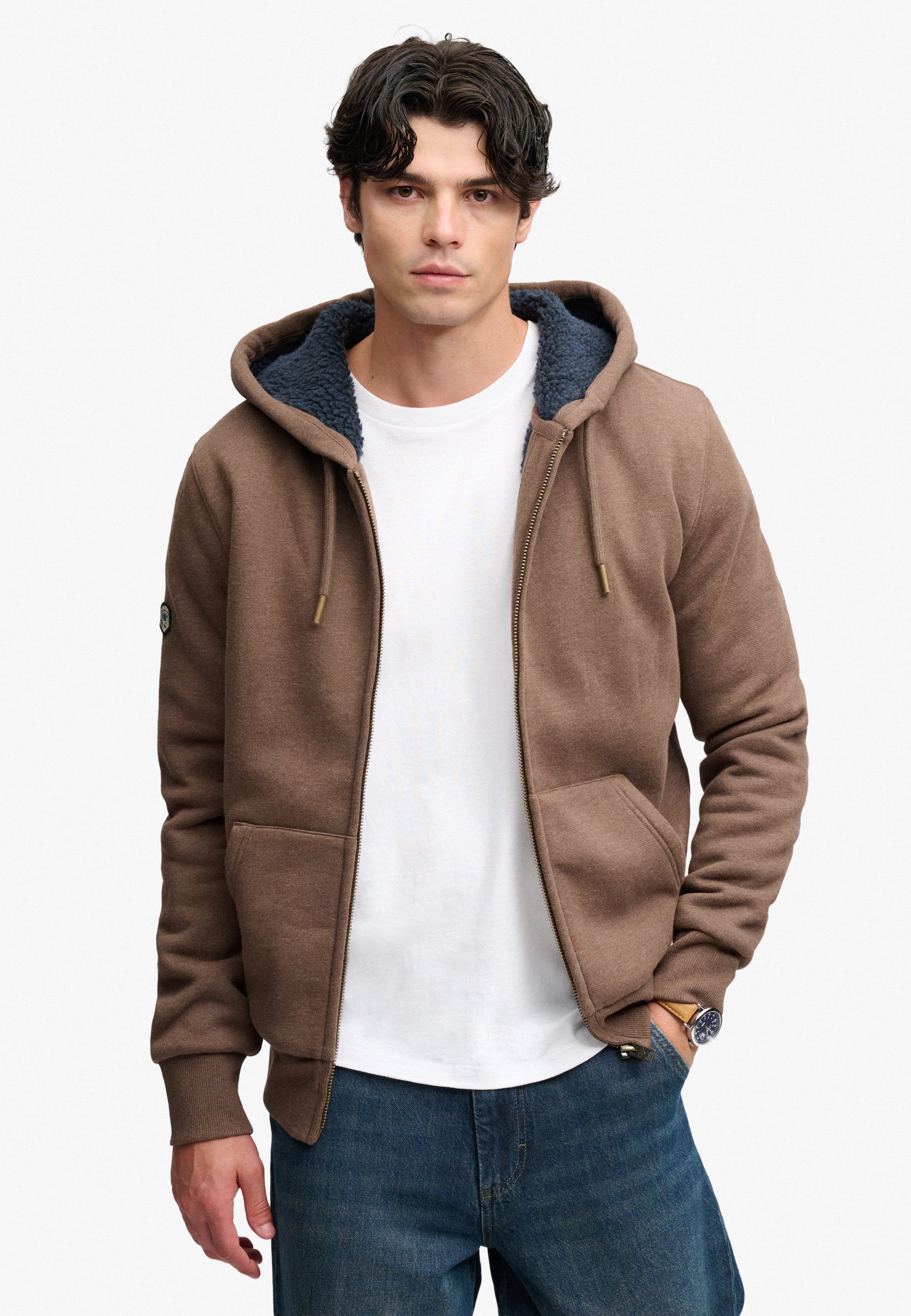 Superdry Kapuzensweatjacke BORG LINED ZIPHOOD Baumwollmischung, slim fit