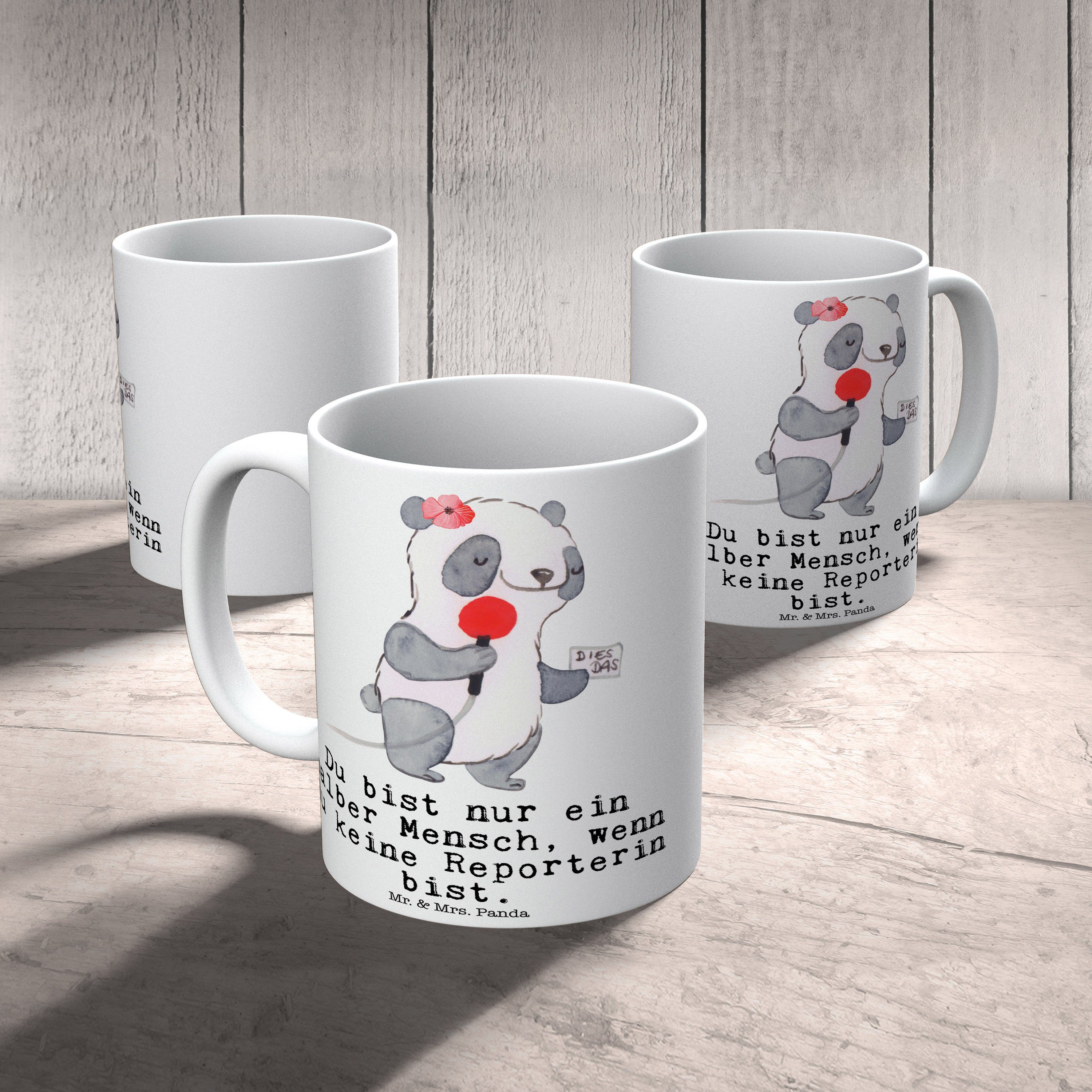 - - Kaffeet, Mr. Panda mit Tasse, Reporterin Weiß & Tasse Mrs. Herz Geschenk, Geschenk Rente, Keramik