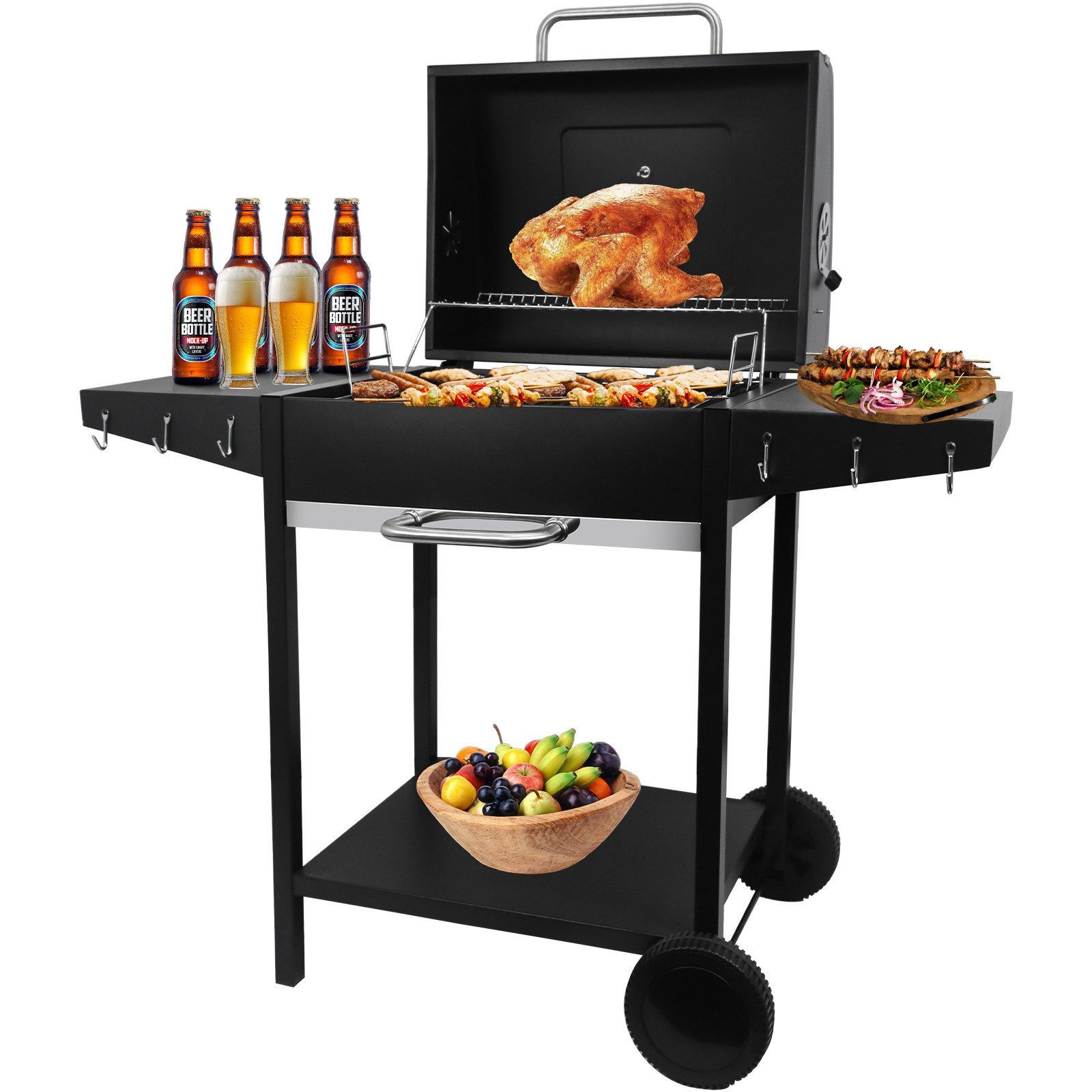 SunJas Holzkohlegrill CA-6146 Grillwagen mit Thermometer und Doppel-Seitenablagen, Grillfläche:50 x 42 cm für 8-12 Personen, Gartengrill BBQ Grill XXL Holzkohlegrill