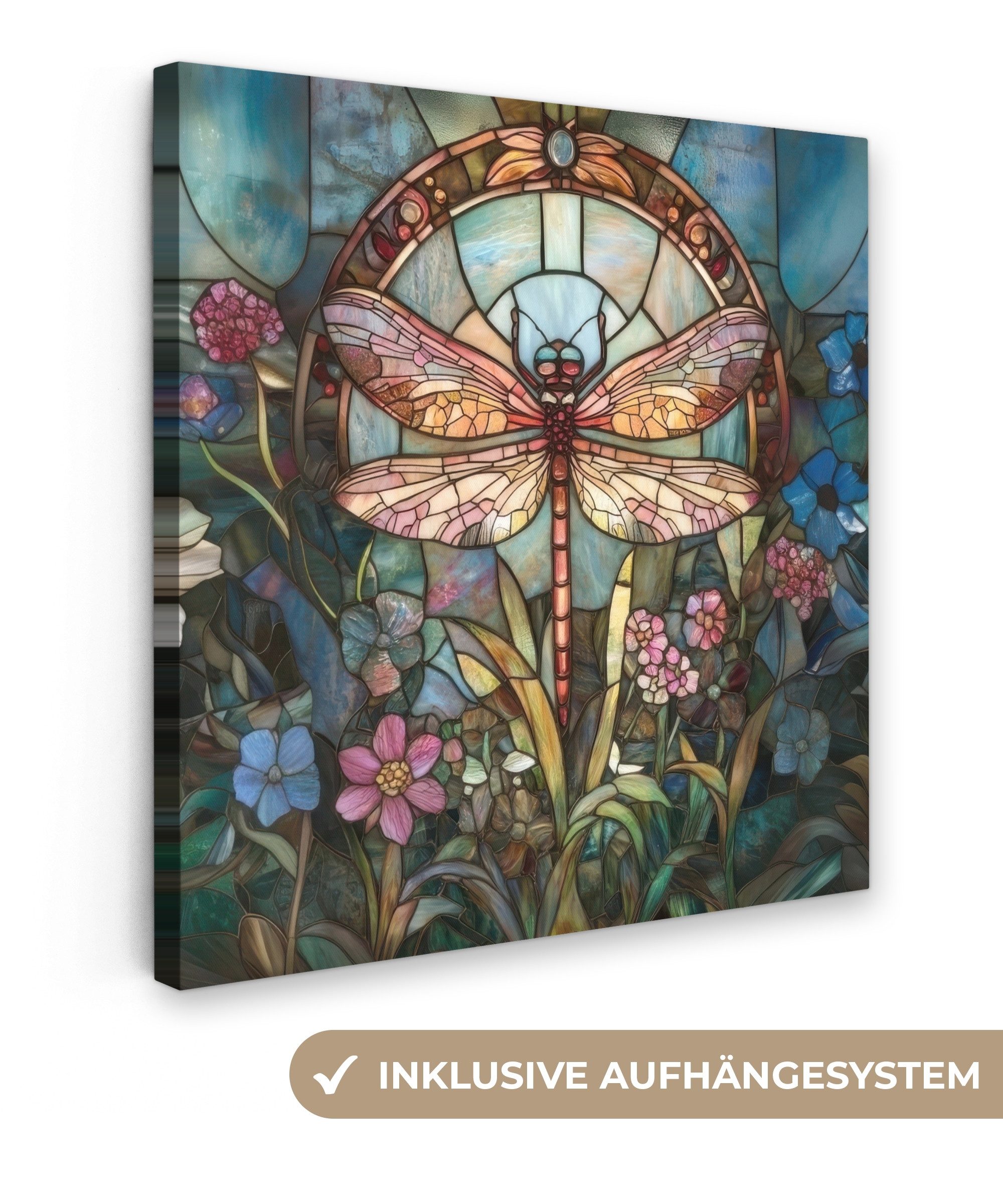 Leinwandbild Libelle - Mosaik - Blumen - Farbenfroh