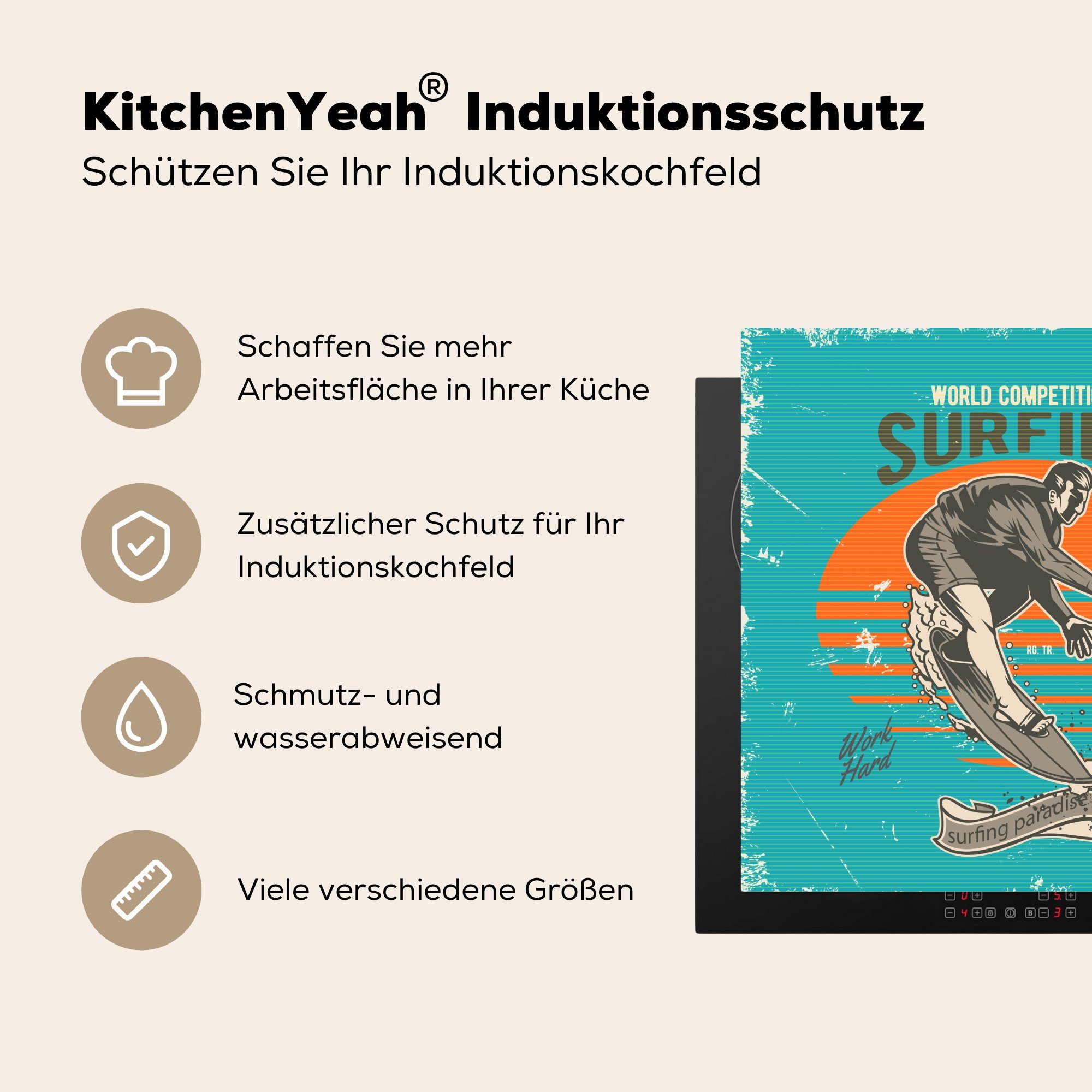 MuchoWow Herdblende-/Abdeckplatte Vintage - Surfen 78x78 Ceranfeldabdeckung, - Vinyl, tlg), (1 Surfbrett, für cm, küche Arbeitsplatte