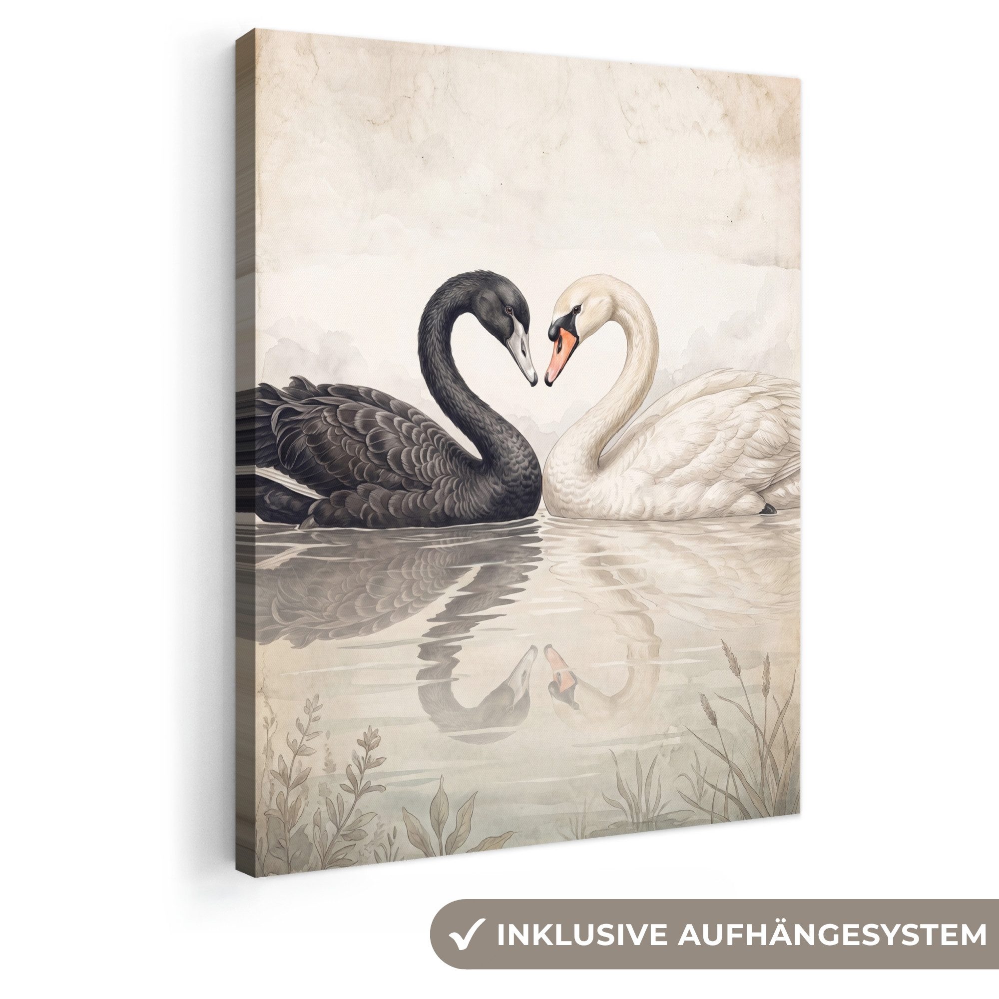 OneMillionCanvasses® Leinwandbild Schwäne - Herzform - Tiere, Fotodruck (1 St), Leinwand Bilder für Wohnzimmer Schlafzimmer 30x40 cm