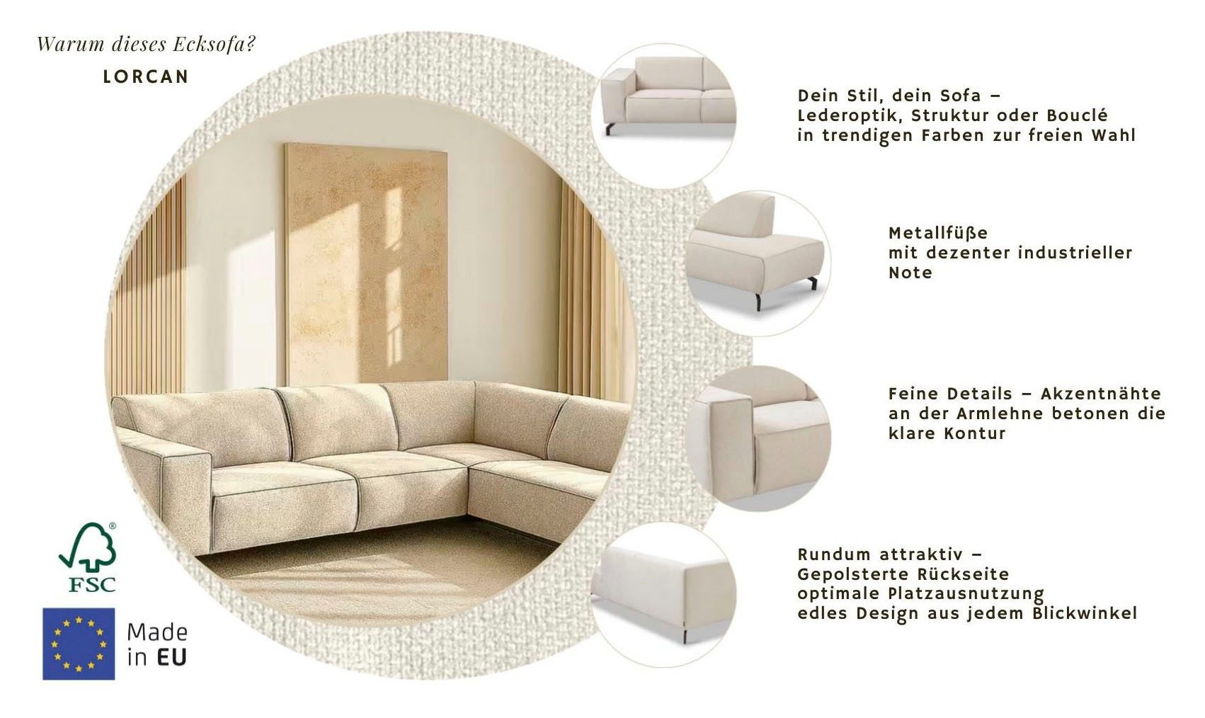 Home affaire Ecksofa LORCAN mit Metallfüßen, Breite 275 cm, weiches Sitzgefühl, Metallfüße, Lederoptik, Struktur, Bouclé